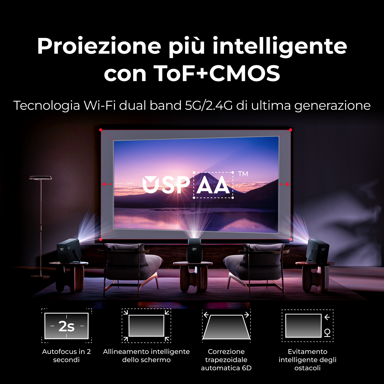 Uno schermo proiettore mostra un tramonto. Testo in italiano descrive le caratteristiche e la tecnologia del proiettore.