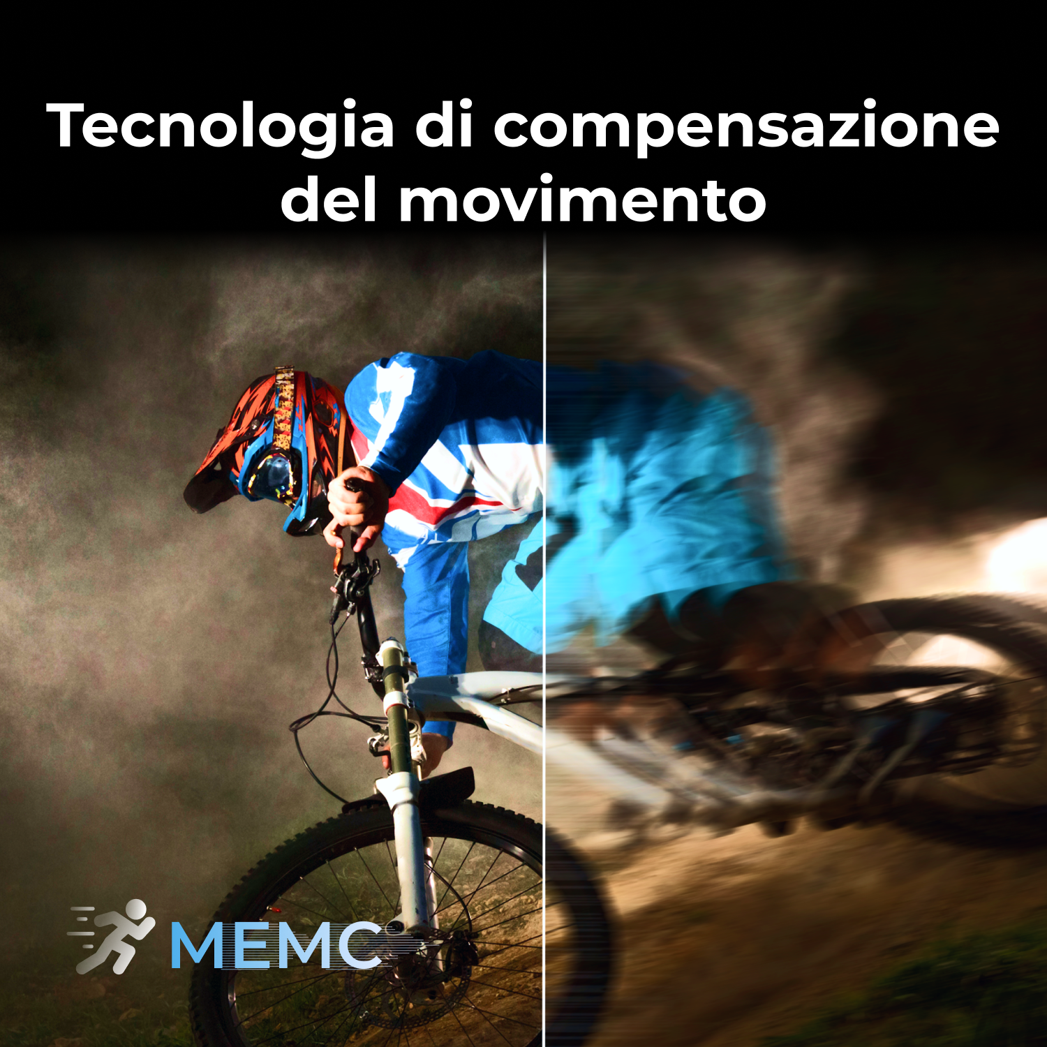 Immagine che mostra un ciclista in movimento, effetto split screen che dimostra la compensazione del movimento.