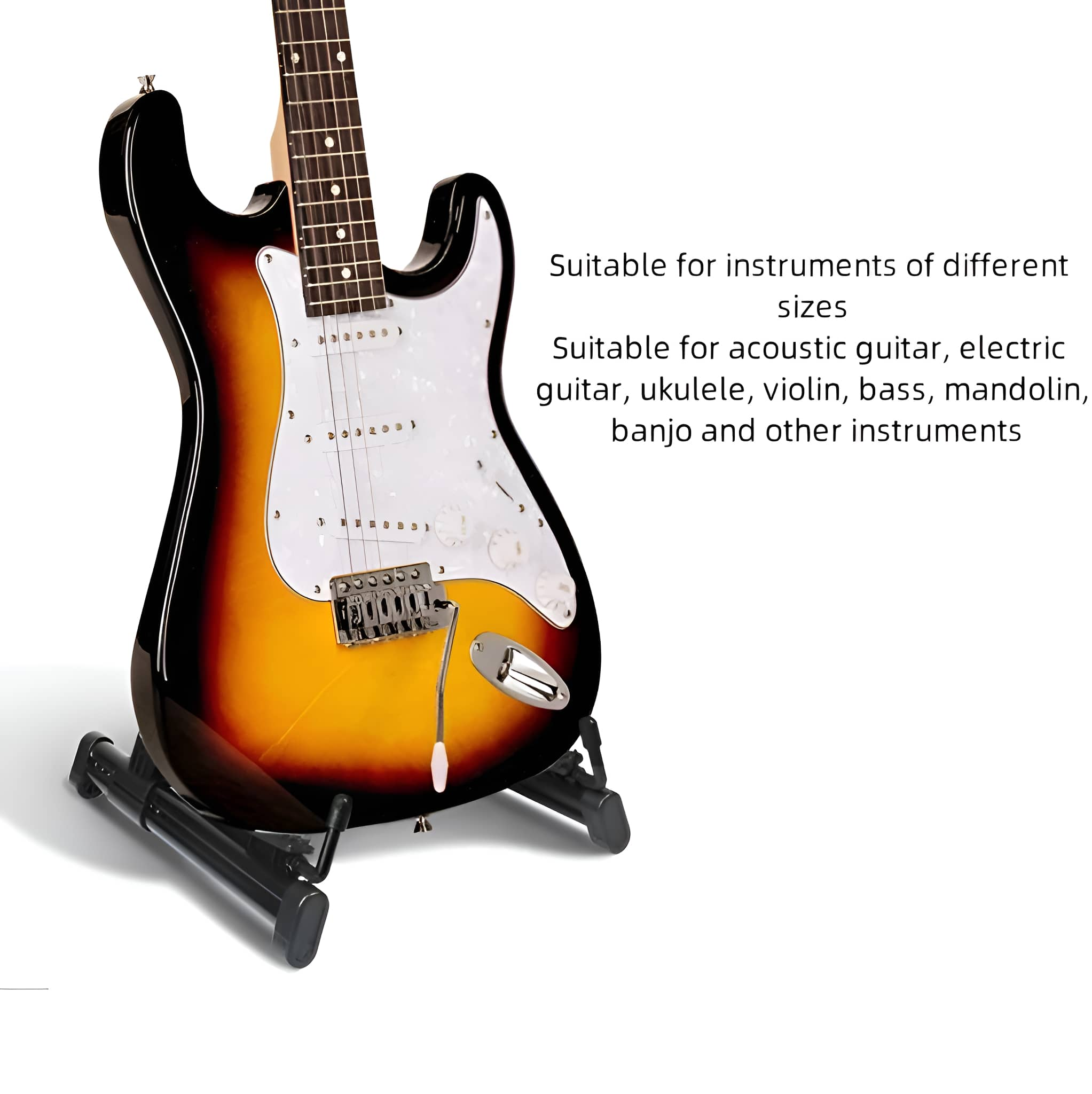 Gitarre auf einem Ständer, schwarzer Ständer, mit Text, geeignet für verschiedene Instrumente.