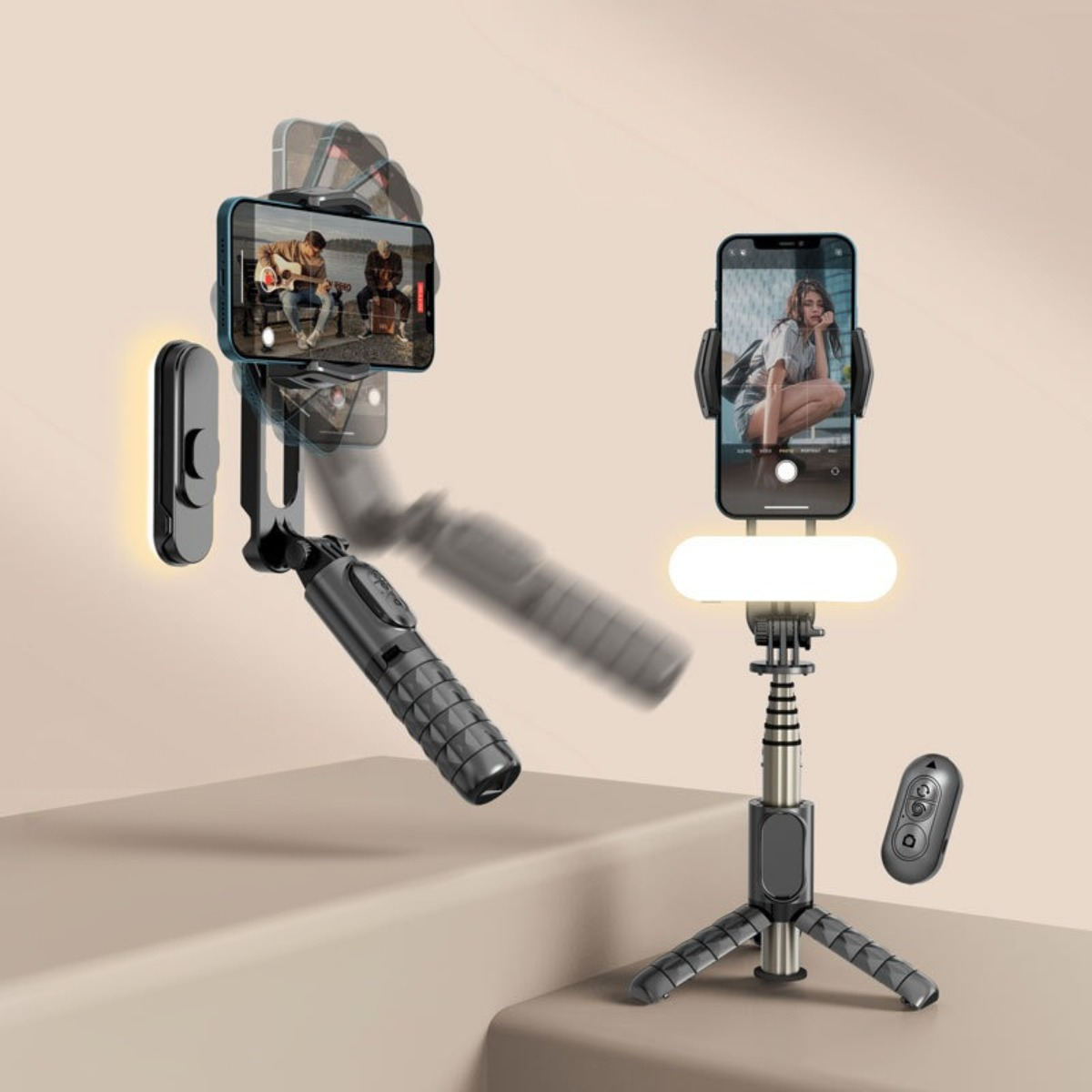 Ein Smartphone auf einem Stativ ist zum Filmen eingerichtet. Es gibt Lichter und eine Fernbedienung.