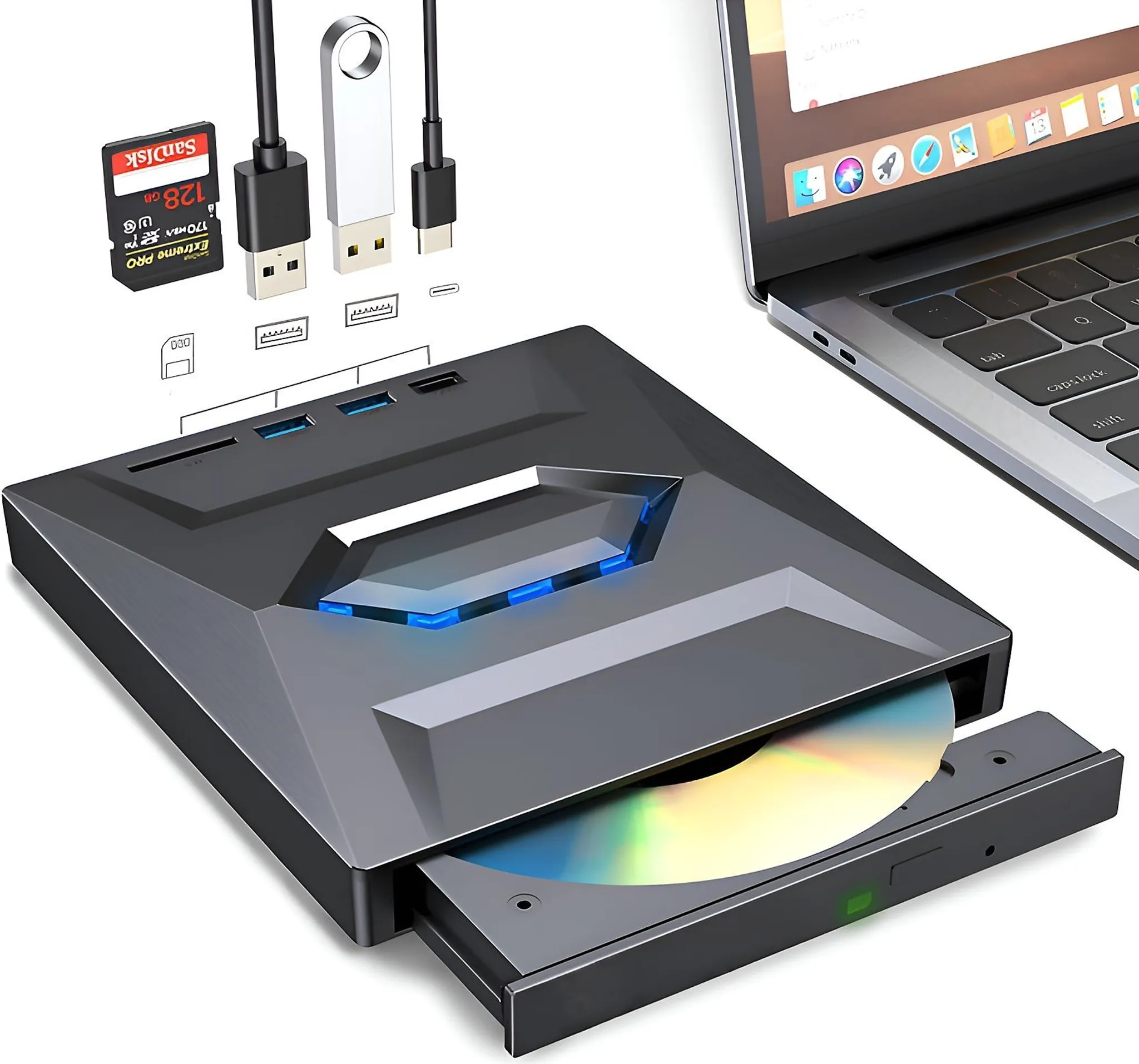 Ein schwarzes Gerät mit geöffnetem CD-Fach, verbunden mit einem Laptop mit USB- und SD-Kartenports.