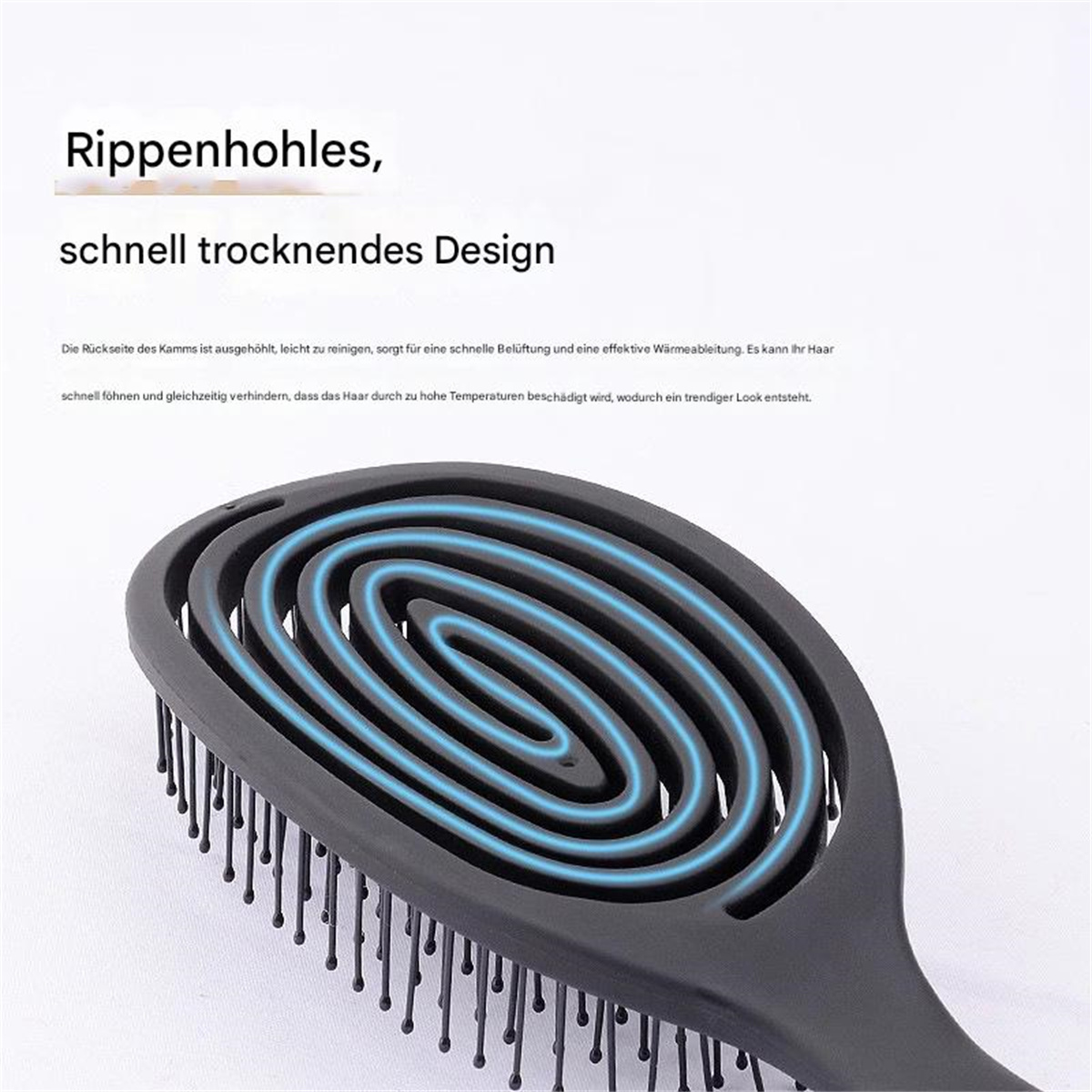 Schwarze Haarbürste mit blauem Spiraldetail. Text hebt Designmerkmale und Vorteile hervor.