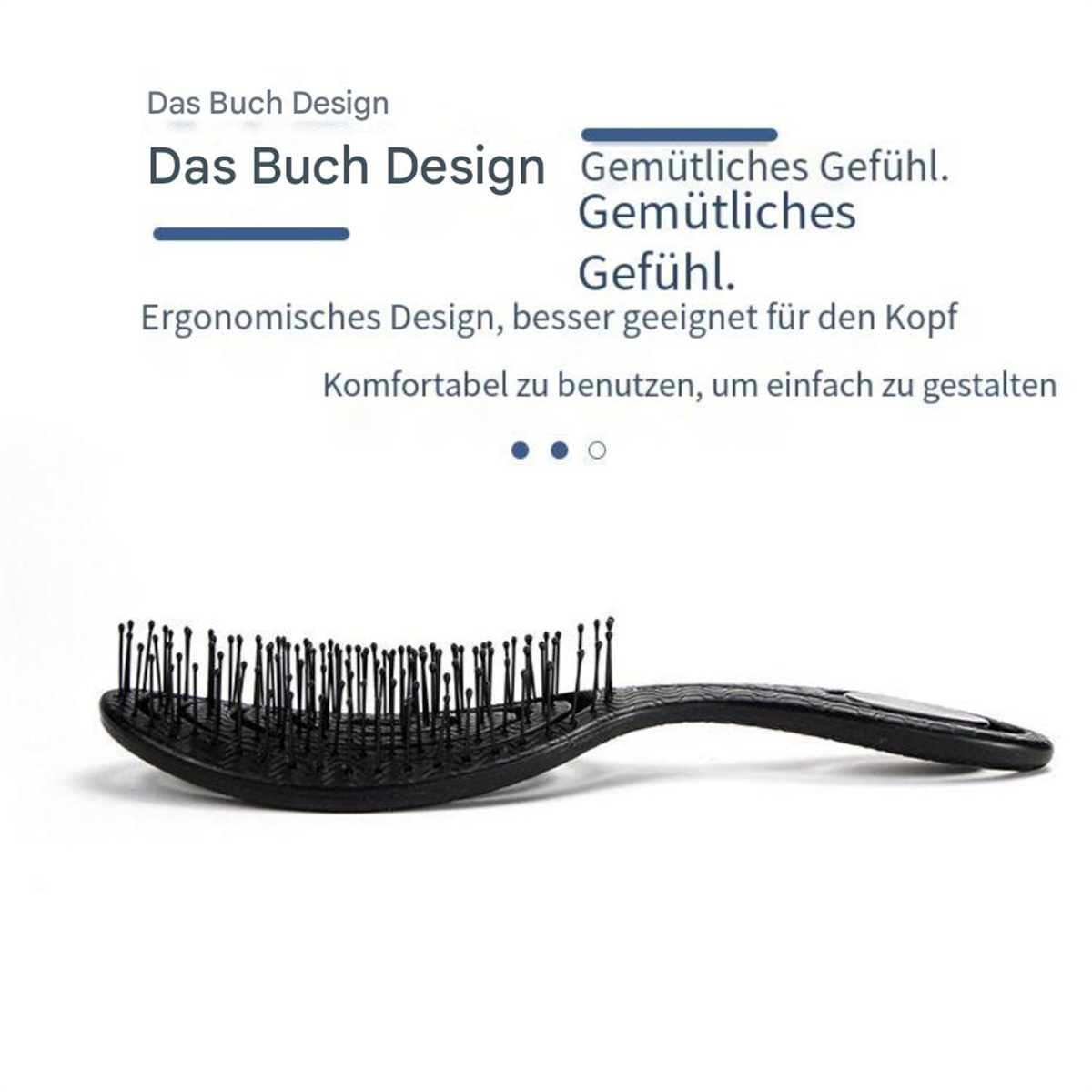 Schwarze Haarbürste mit Text, ergonomisches Design und angenehmes Gefühl.