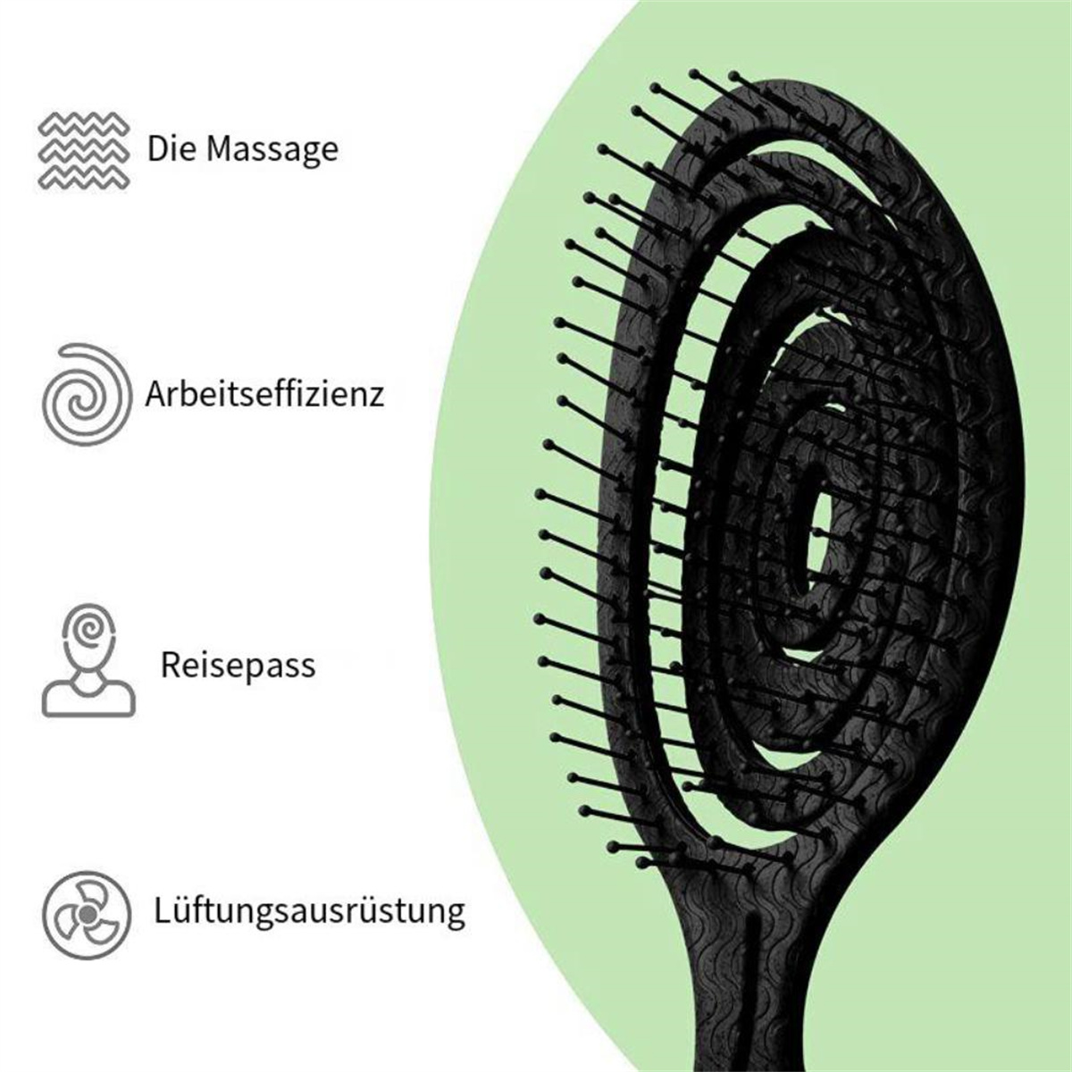 Schwarze Haarbürste mit Massage-, Effizienz- und Reise-Symbolen auf grünem Hintergrund.
