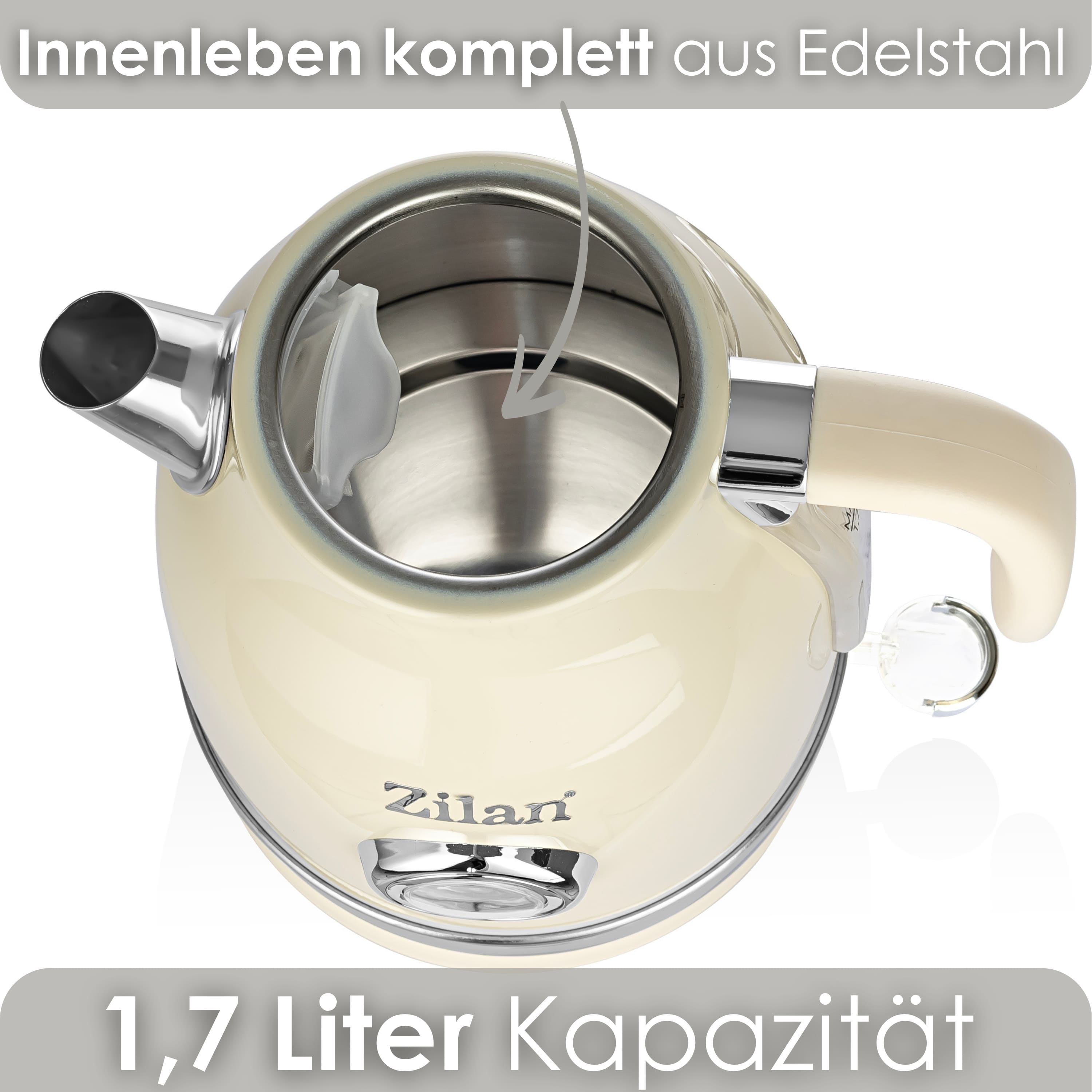 Krem rengi elektrikli su ısıtıcısı, gümüş vurgular ve metin: 1,7 Litre Kapasite.