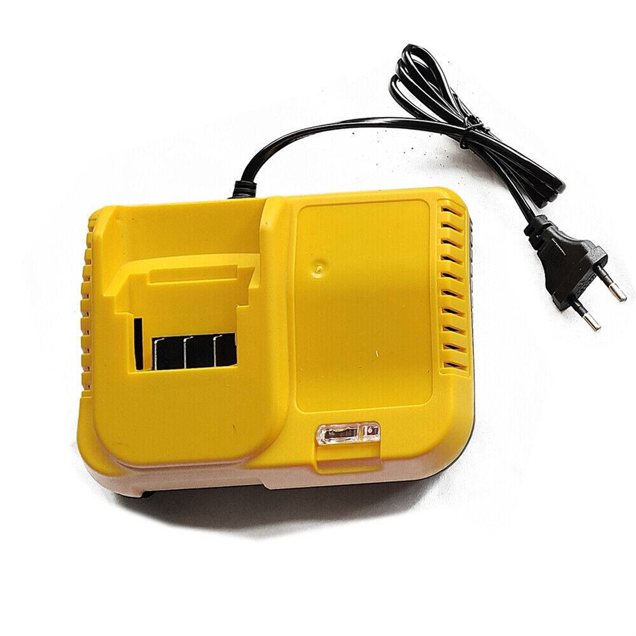 Gelbes Batterieladegerät mit schwarzem Netzkabel und Stecker.