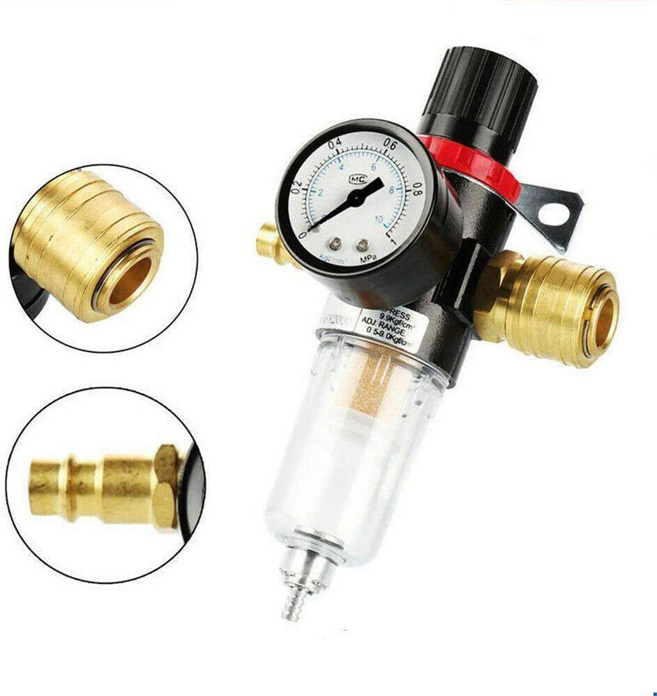 Luftdruckregler mit Manometer und Messinganschlüssen. Schwarze, rote und Messingkomponenten.