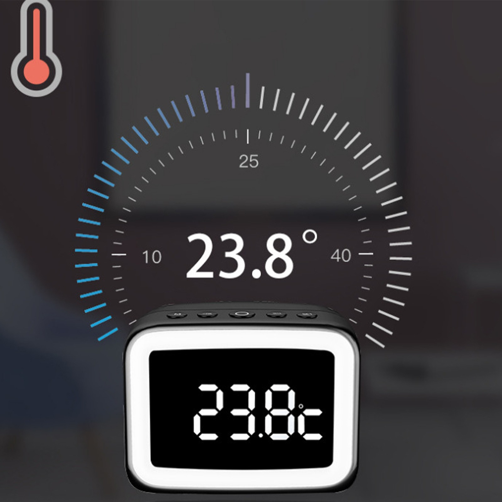 Eine schwarze Digitaluhr mit Temperaturanzeige und einer kreisförmigen Temperaturskala. Rotes Thermometer.