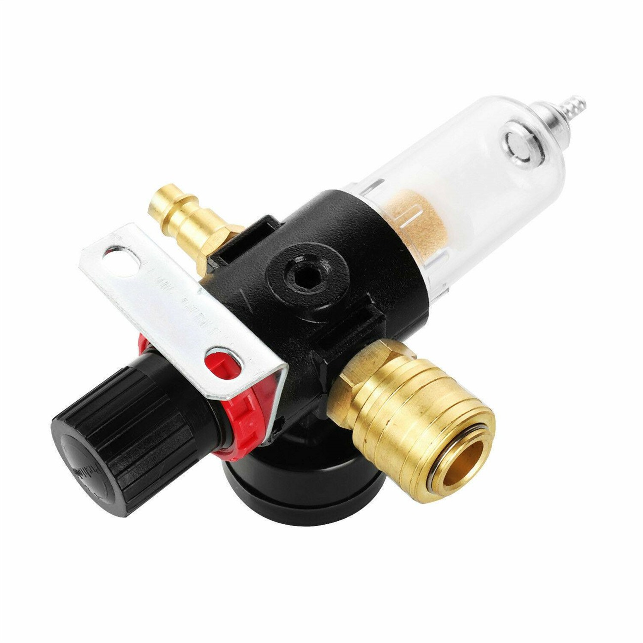 Luftdruckregler mit Manometer, Filter und Messinganschlüssen. Schwarze und rote Akzente.