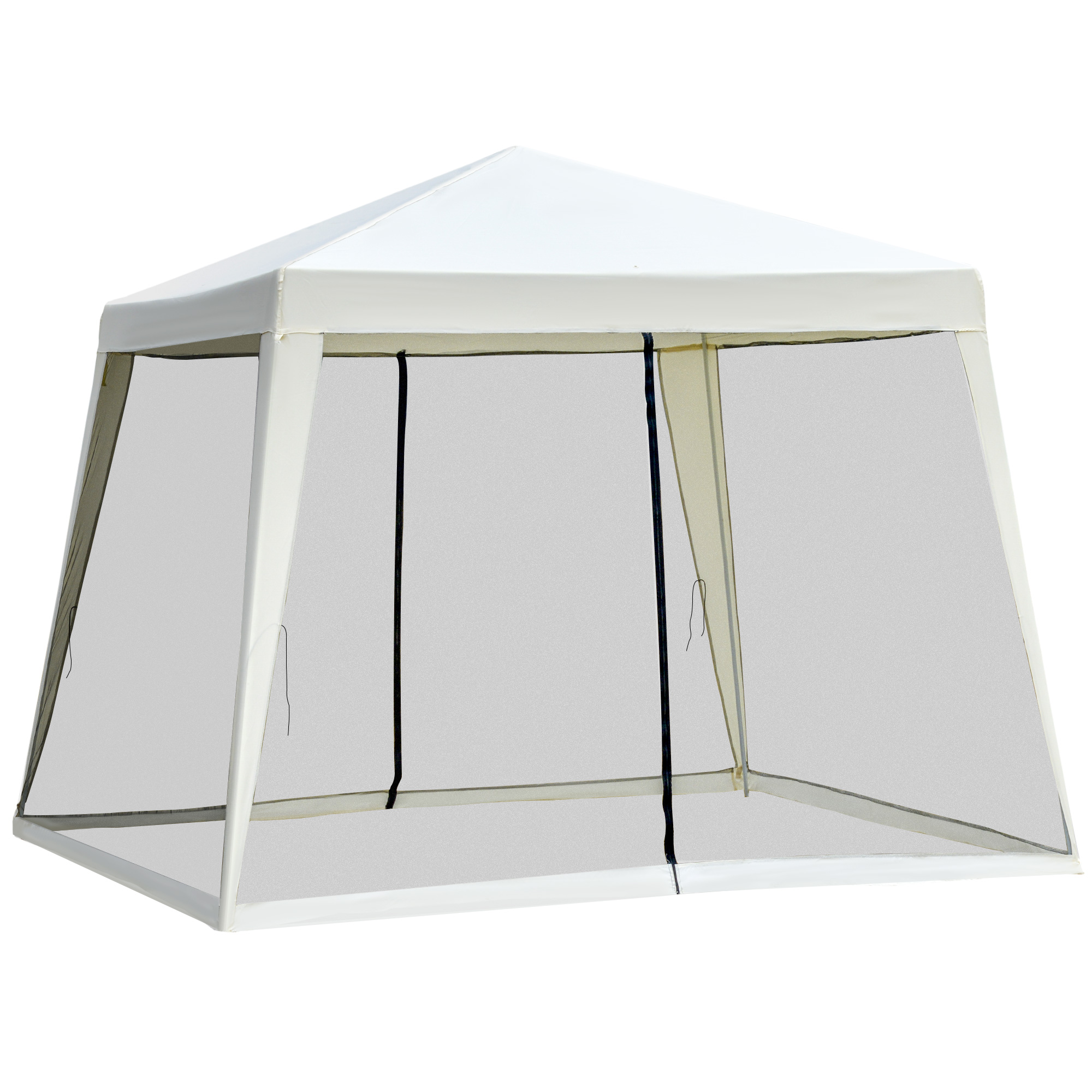 Gazebo bianco con lati in rete. Il tetto è bianco, il telaio nero, sull'erba.