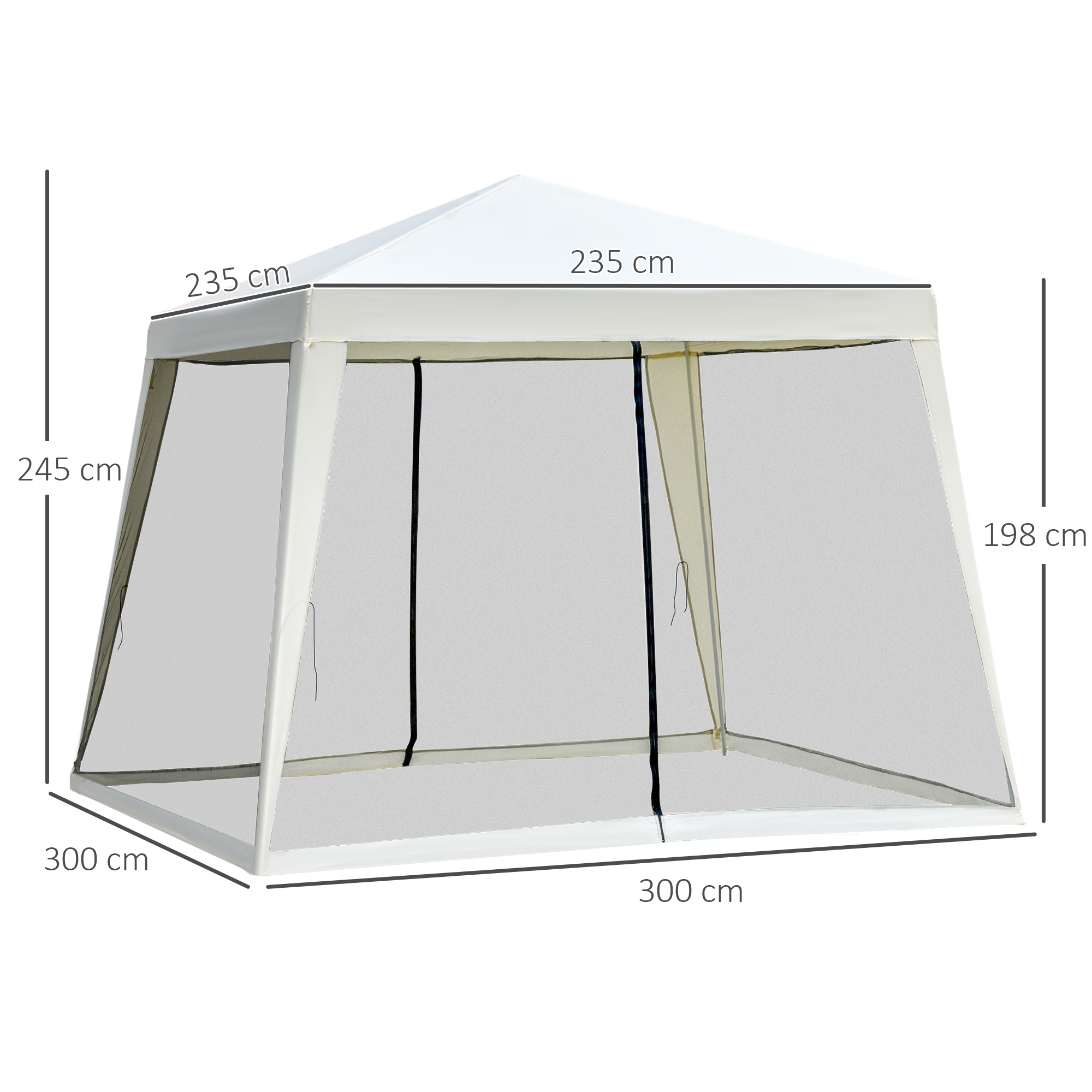 Gazebo esterno bianco con dimensioni. Lati in rete nera. Tetto bianco.