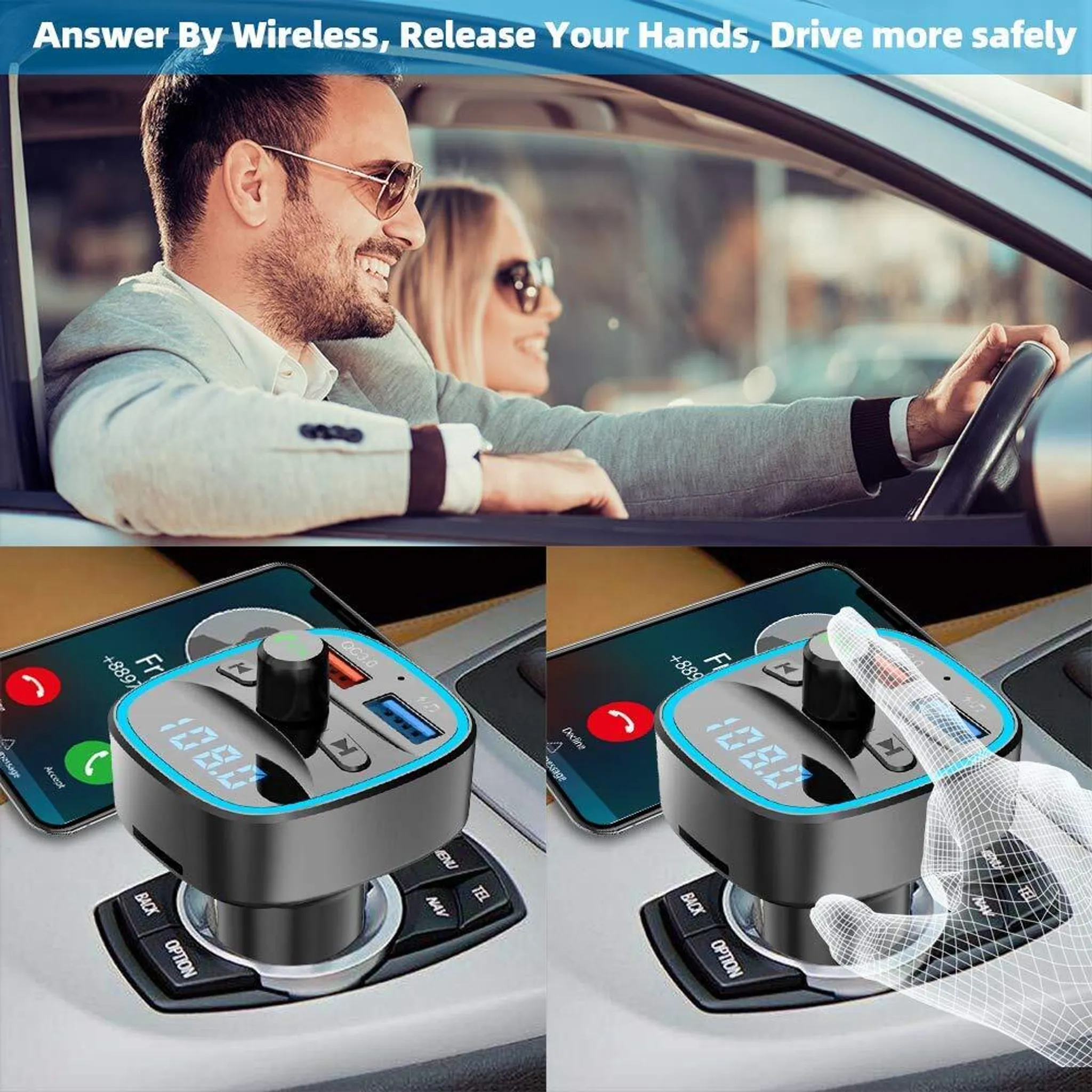 Mann fährt Auto, FM-Transmitter in Gebrauch, Smartphone, Text: Antworten drahtlos, sicher fahren.