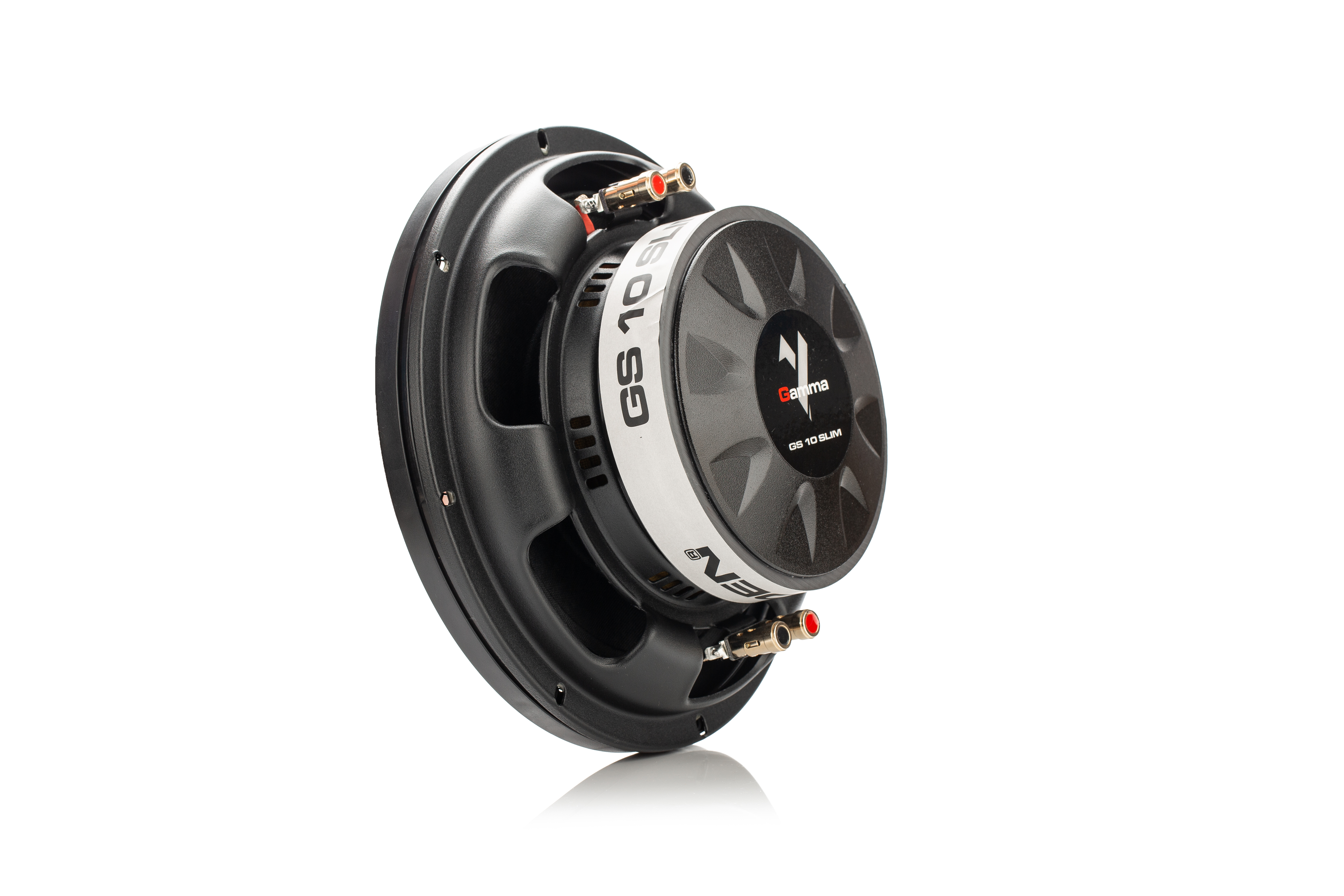 Schwarzer und weißer Auto-Audio-Subwoofer. Weißer Text auf der Seite.