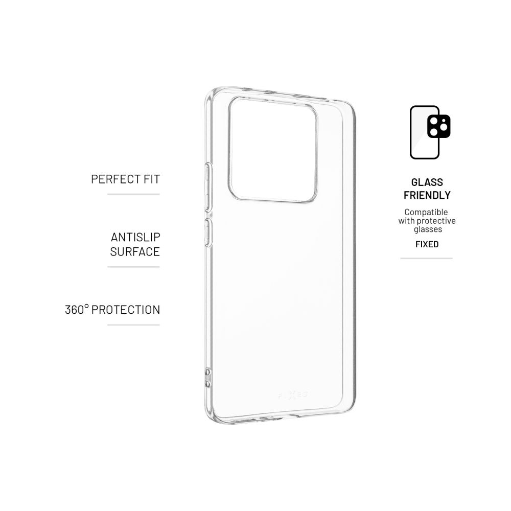 Transparente Handyhülle mit Text 'Perfect Fit', 'Antislip Surface', und '360° Protection'.