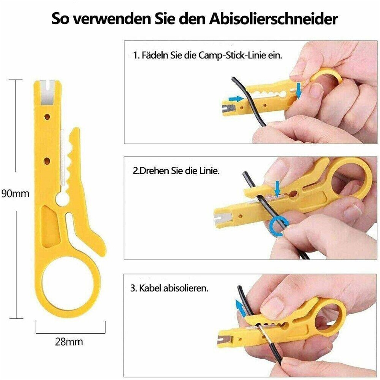 Diagramm zur Verwendung eines Kabelabisolierers. Die Schritte umfassen das Einführen, Drehen und Abisolieren.