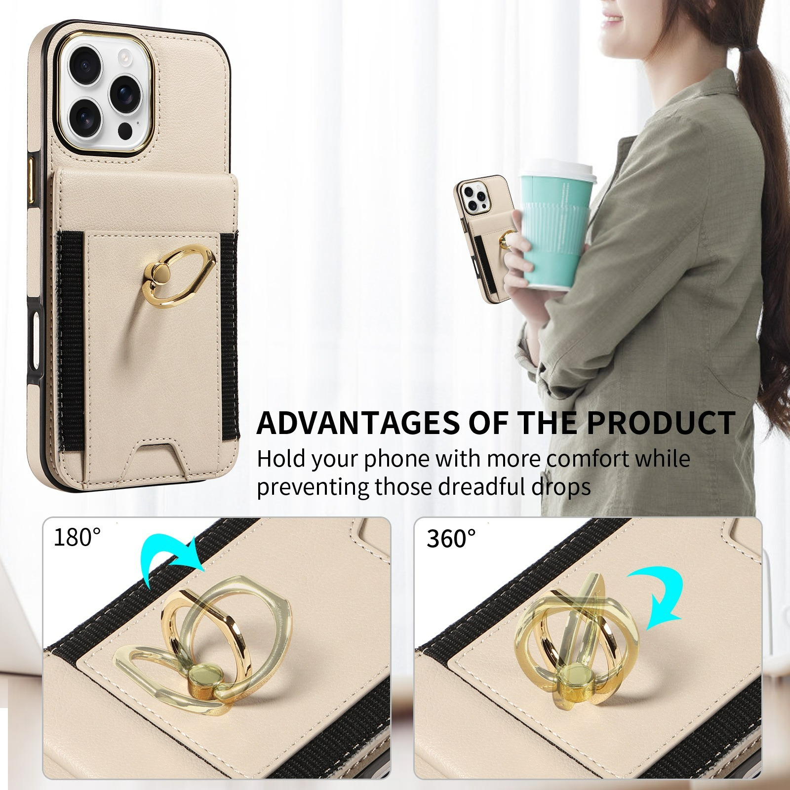 Telefonhülle mit Telefon. Hülle hat Kartenhalter und Ring. Der Ring dreht sich.