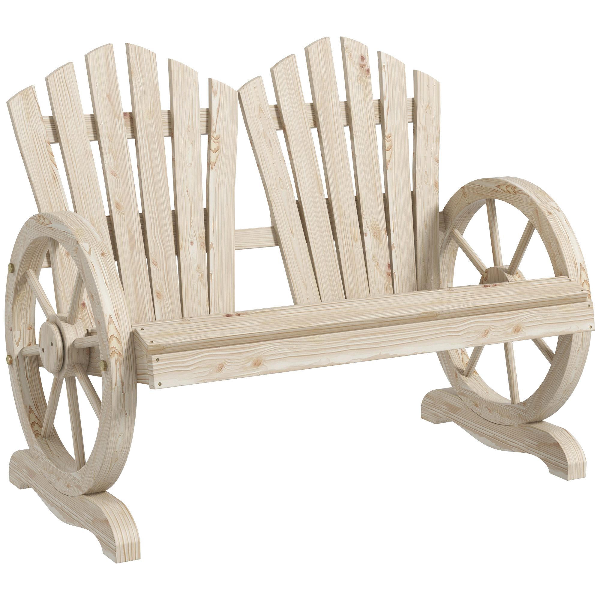 Una panchina di legno con schienale e lati progettati per assomigliare a una ruota di carro.
