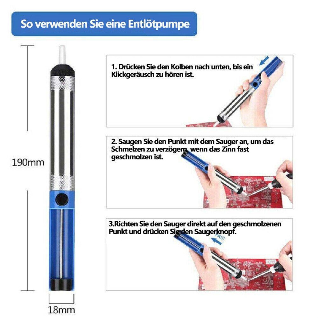Diagramm zur Verwendung einer Entlötpumpe. Enthält Anweisungen und Messungen.
