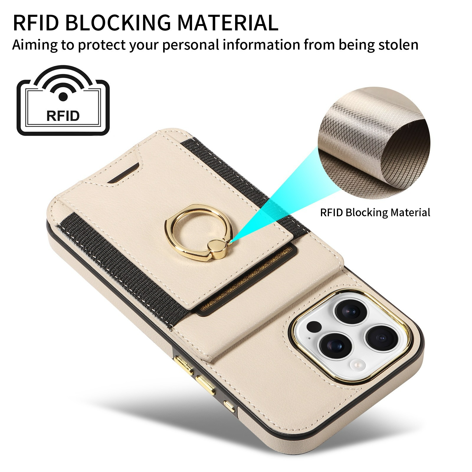 Handyhülle mit Kartenhalter und Ring. Nahaufnahme zeigt metallisches RFID-Blockiermaterial.