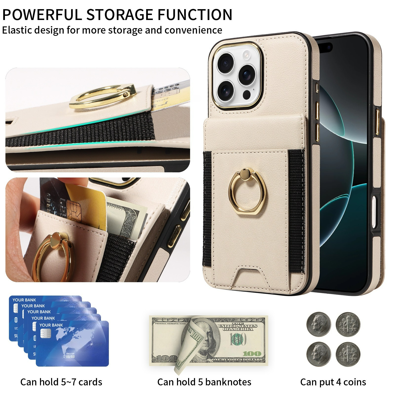 Beige Handyhülle mit Ring, Karten, Banknoten und Münzen. Zeigt Telefon.