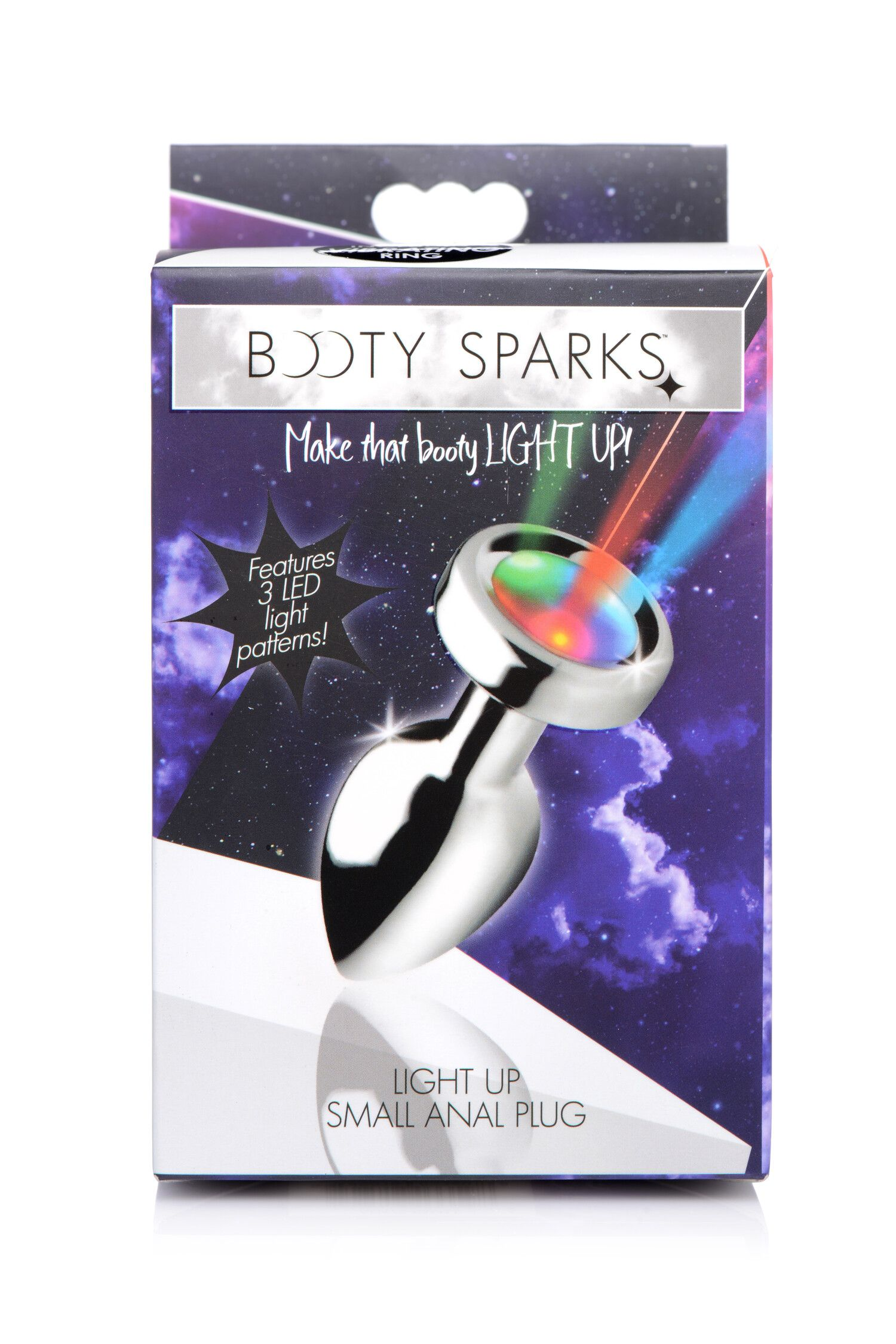 Eine Box mit einem silbernen Anus-Plug. Auf der Box steht 'Booty Sparks' und 'Light Up Small Anal Plug'.