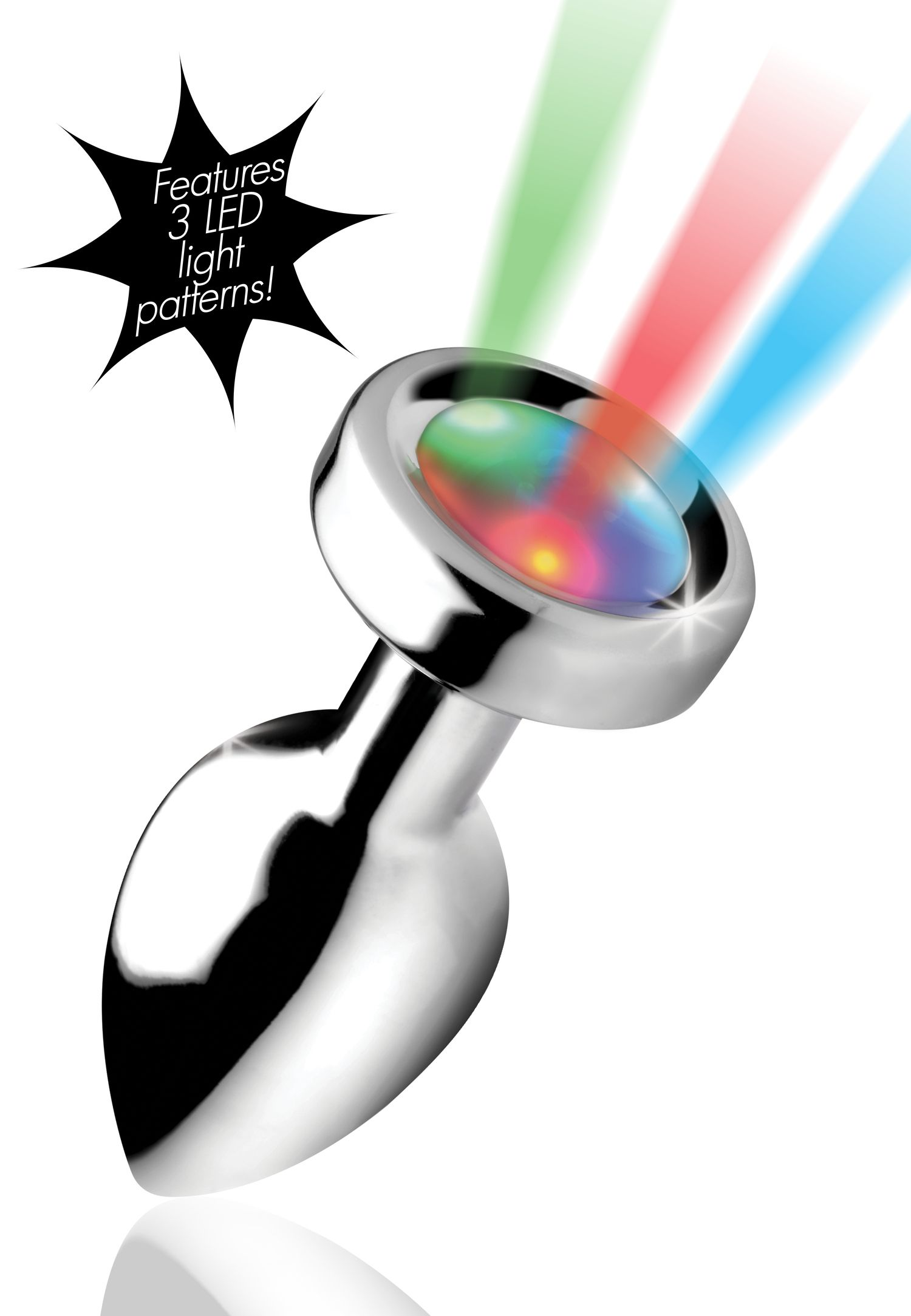 Ein Chrom-Plug mit buntem LED-Licht und 3 Lichtmustern, vor weißem Hintergrund.
