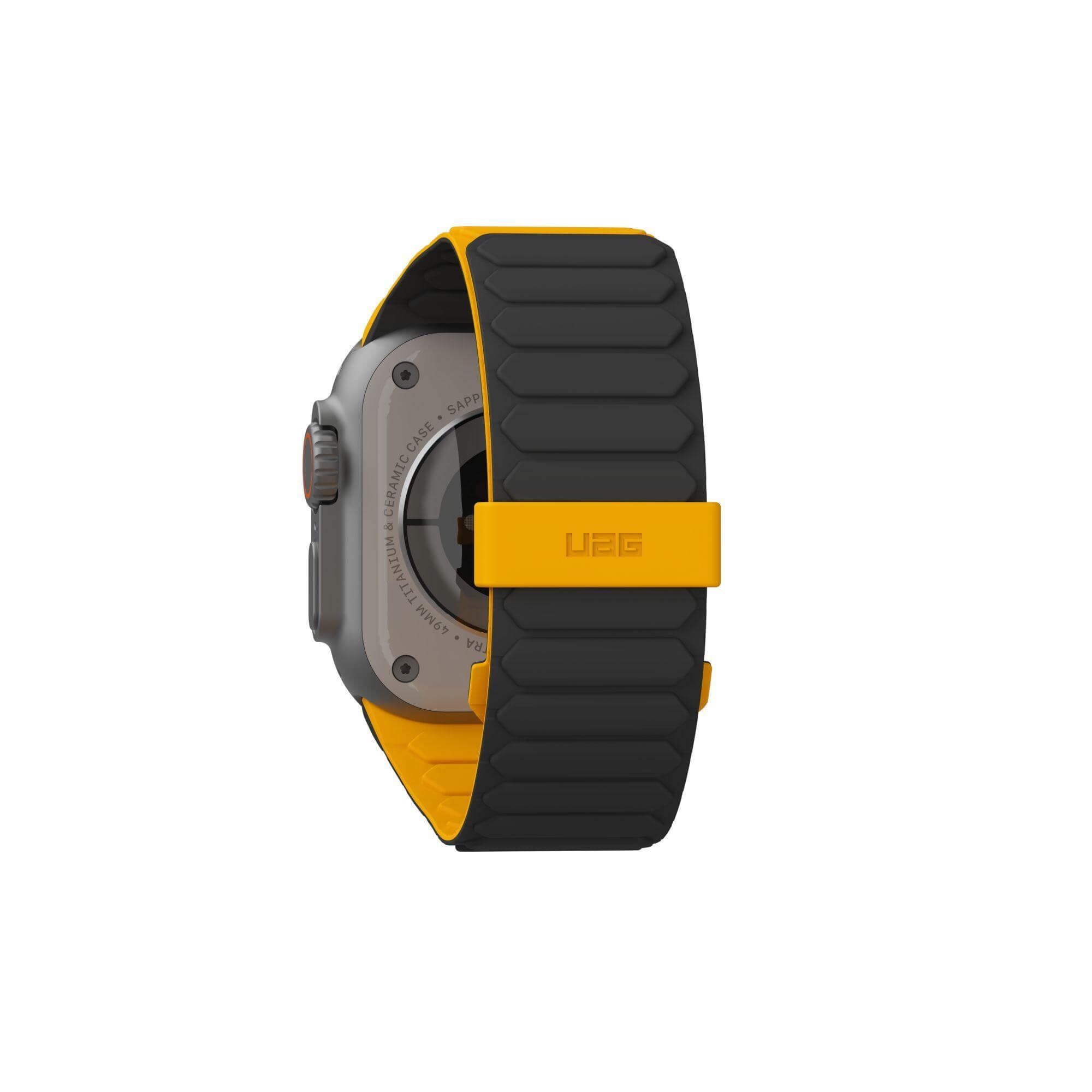 Smartwatch z czarnym paskiem i żółtymi akcentami, widok z tyłu.