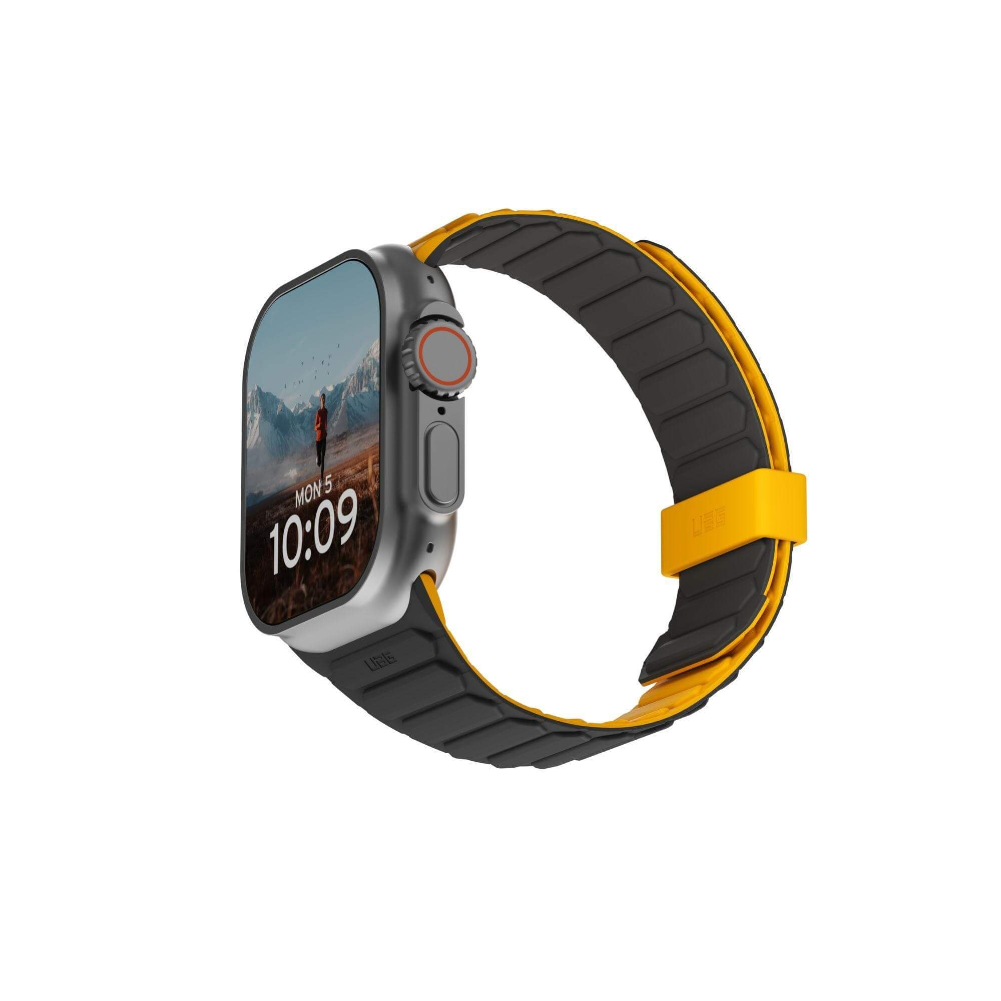 Smartwatch z żółtym paskiem pokazujący godzinę i obraz krajobrazu.