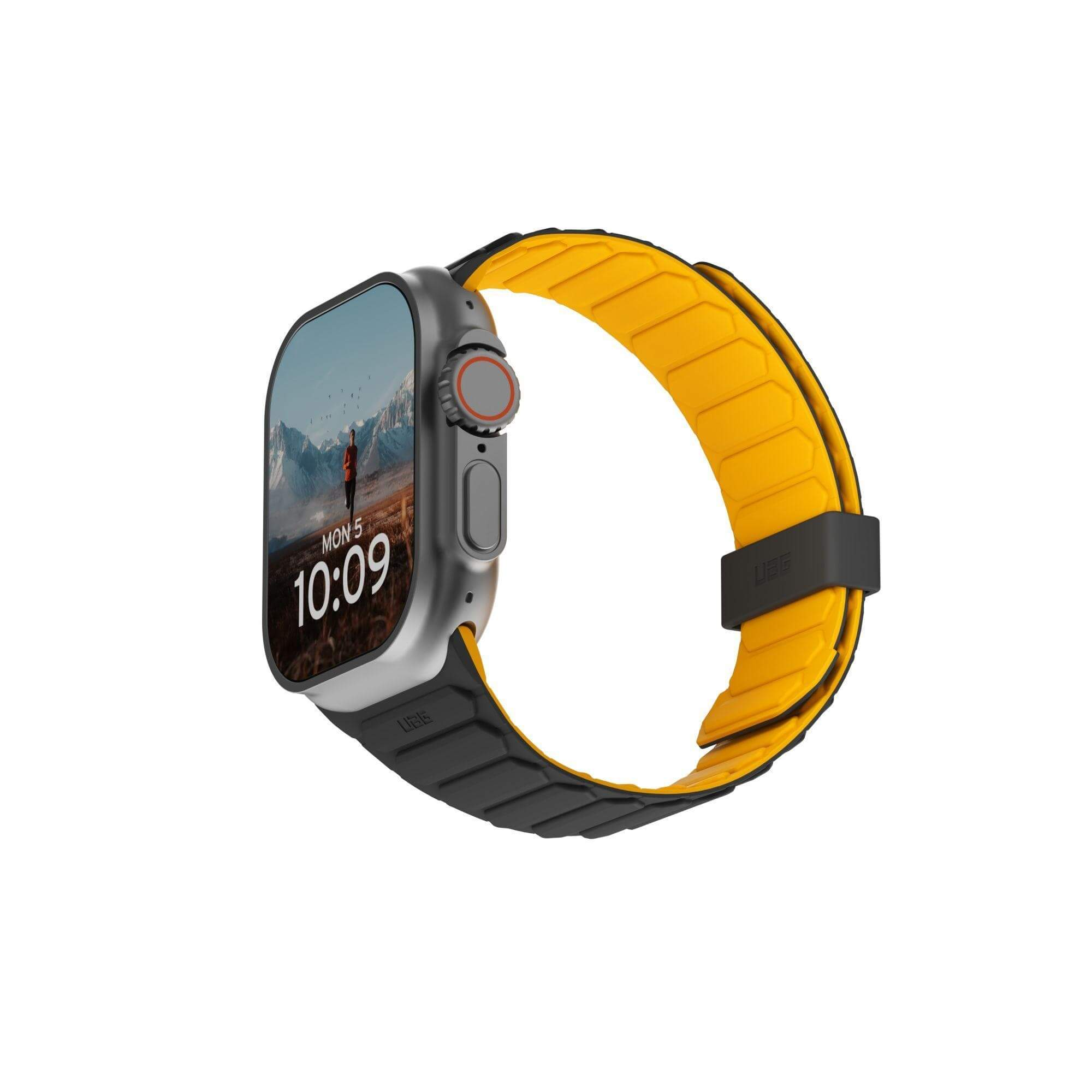 Apple Watch z czarnym i żółtym paskiem. Zegarek wyświetla datę i godzinę na ekranie.