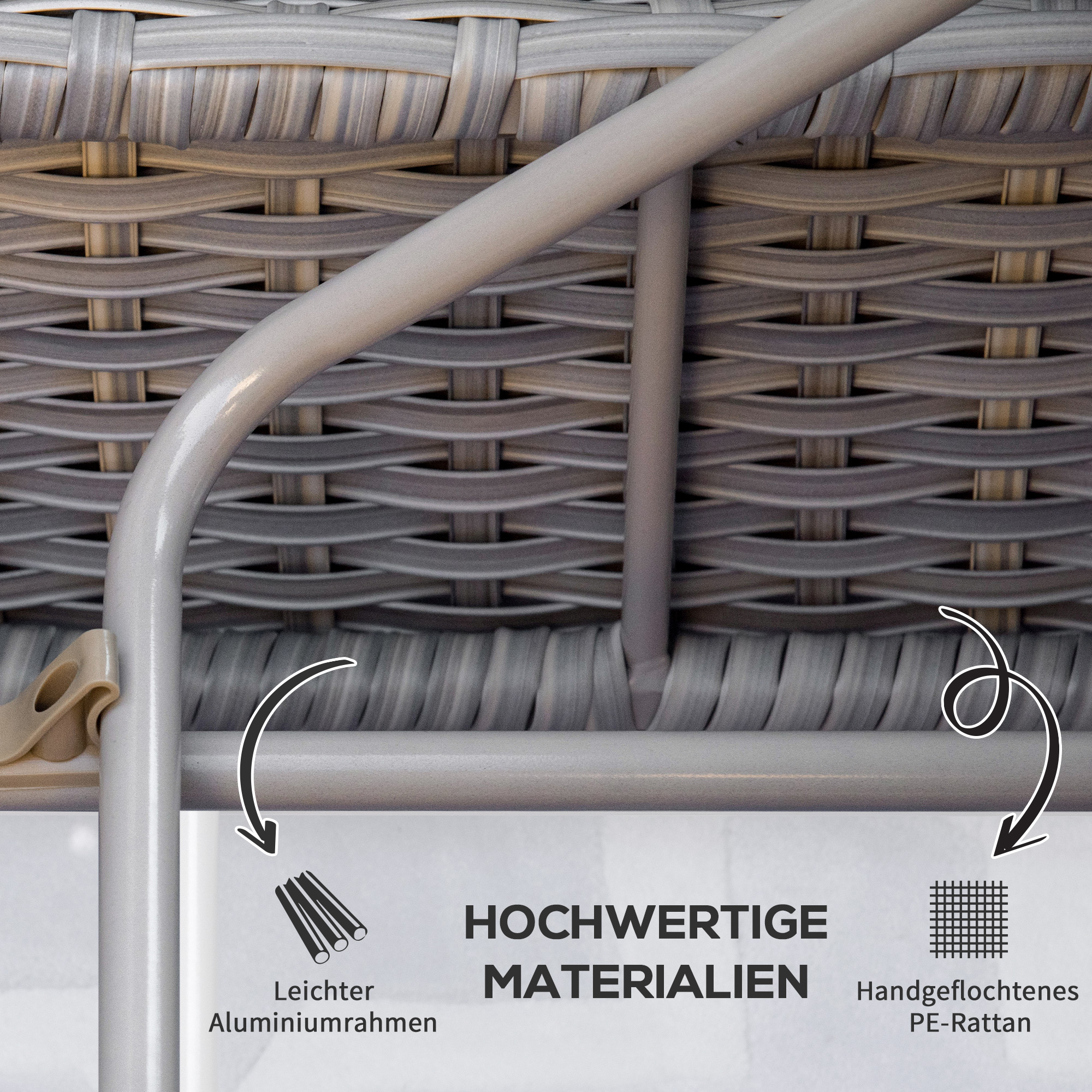 Nahaufnahme des Rattan-Möbelrahmens. Text: hochwertige Materialien, leichter Aluminiumrahmen.