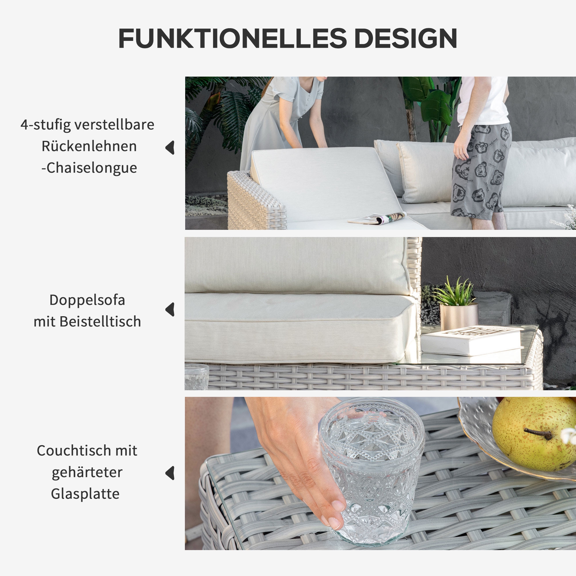 Outdoor-Möbelset mit Sofa und Tisch mit Glasplatte. Text: funktionales Design.