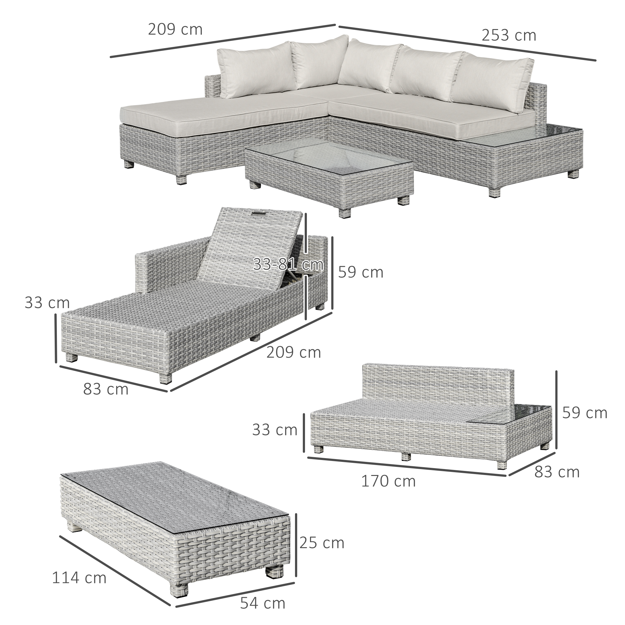 Graues Outdoor-Möbelset aus Korbgeflecht, mit Maßangaben: Sofa, Chaiselongue und Couchtisch. Weißer Hintergrund.