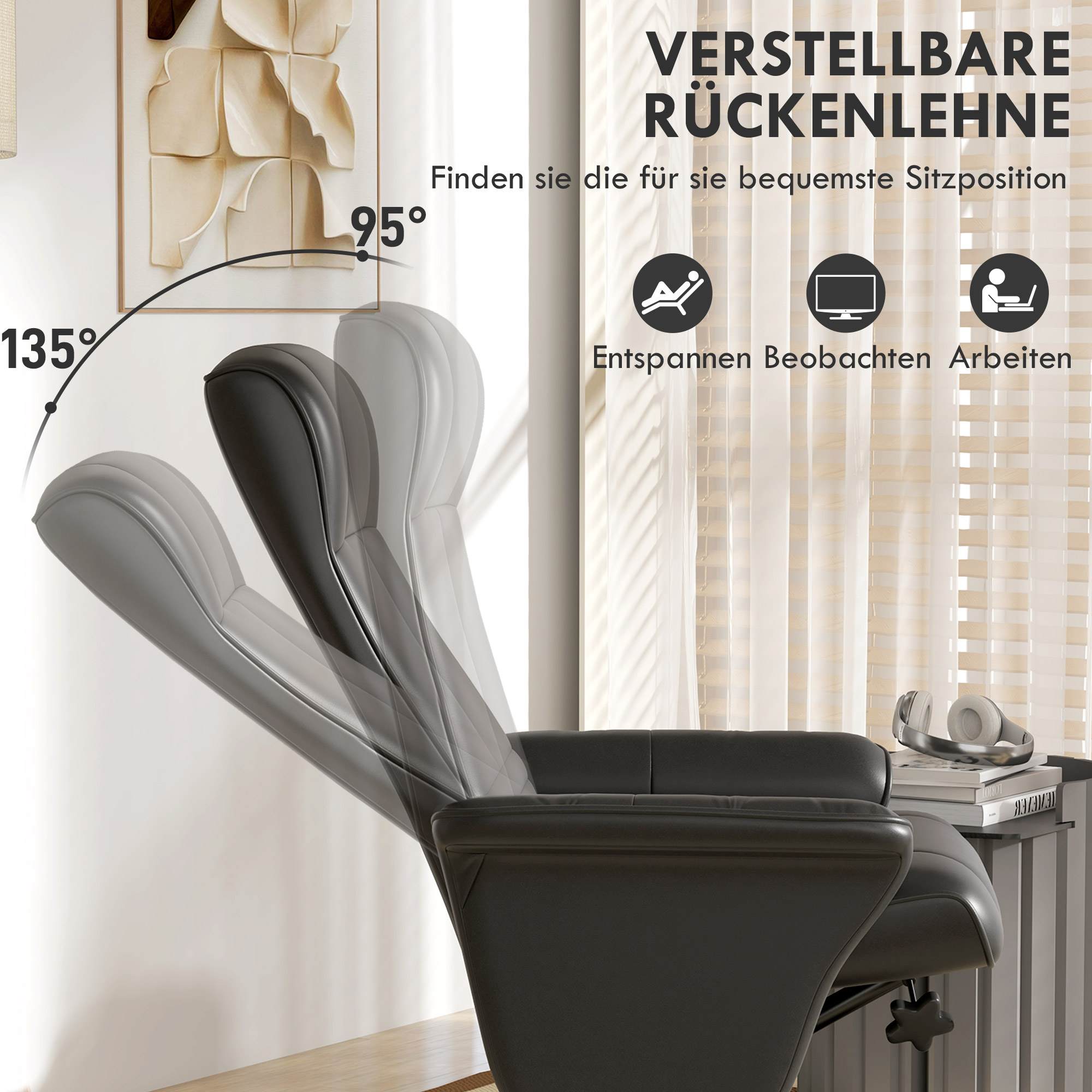 Schwarzer Relaxsessel mit verstellbaren Rückenlehnenwinkeln, mit Text und Icons.