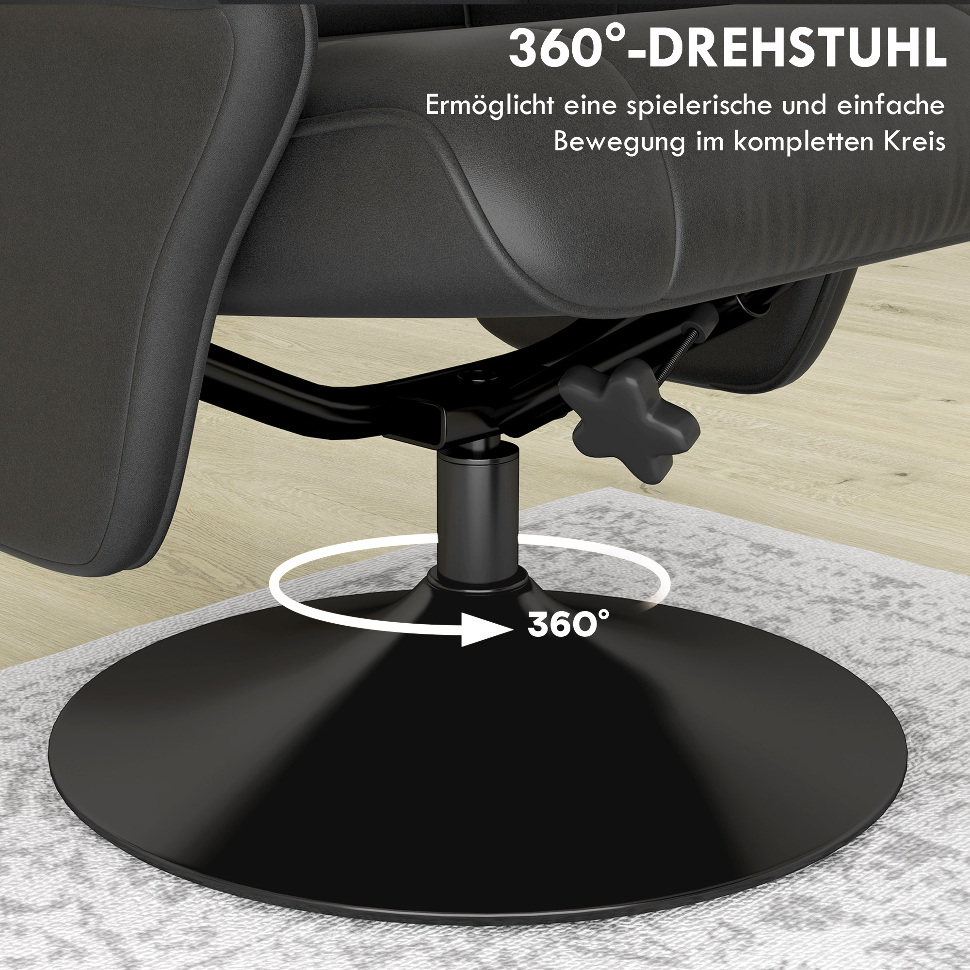 Schwarzer Stuhlfuß mit 360-Grad-Drehung, auf einem gemusterten Teppich.