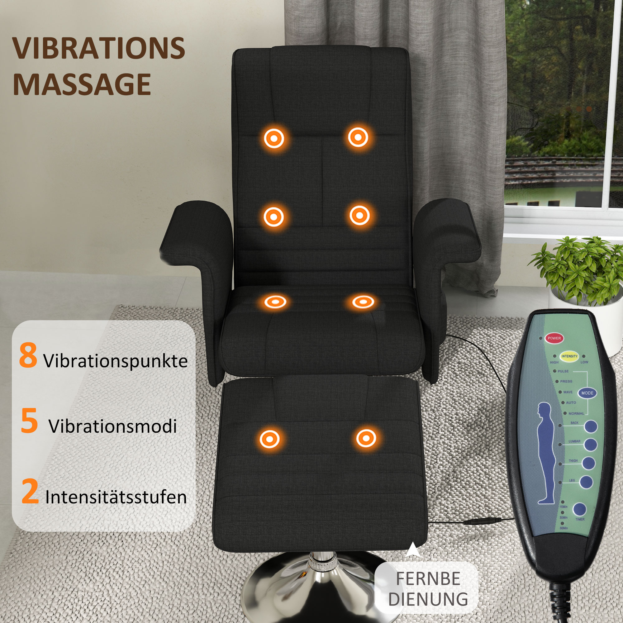 Schwarzer Massagesessel mit Fernbedienung und Anweisungen. Text: Vibrationen Massage, 8 Punkte, 5 Modi, 2 Stufen.