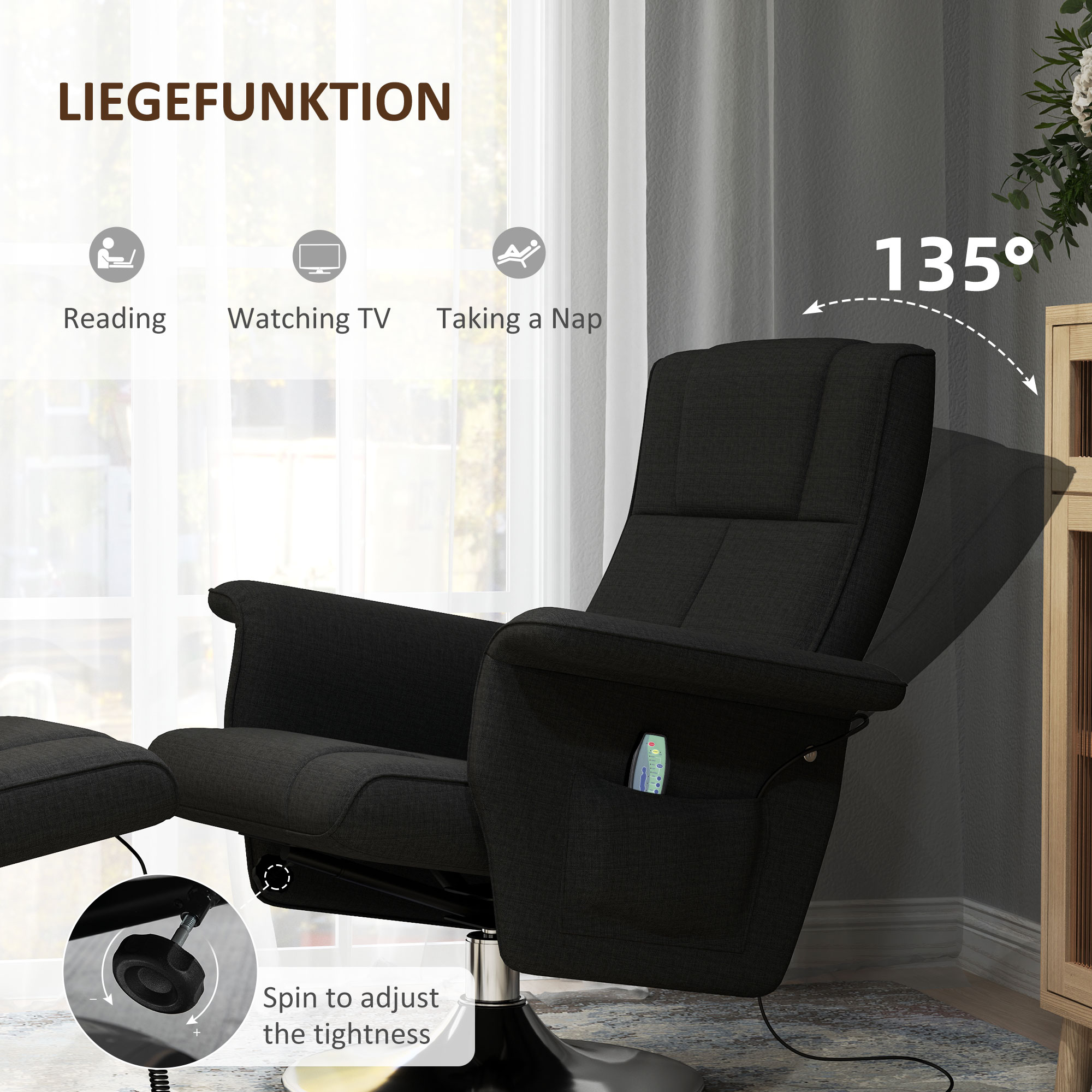 Ein Relaxsessel mit Fußstütze. Der Stuhl ist schwarz. Text zeigt Lesen, Fernsehen und Nickerchen an.