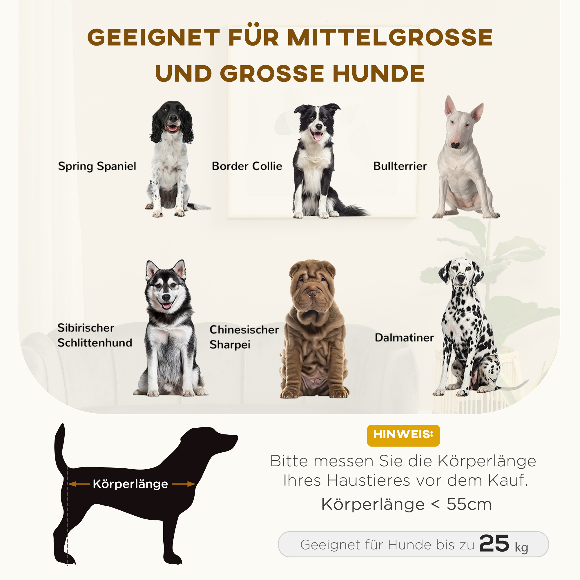 Grafik mit verschiedenen Hunderassen mit ihren Namen und einer Silhouette zur Messung der Hundelänge.
