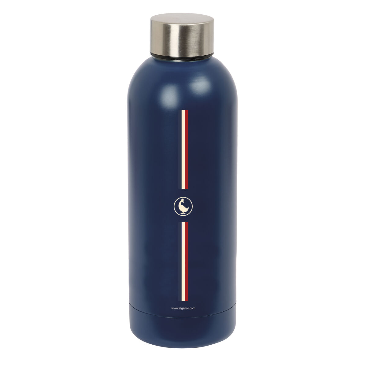 Blaue Wasserflasche mit weißen und roten Streifen. Das Logo ist sichtbar. Silberner Deckel.