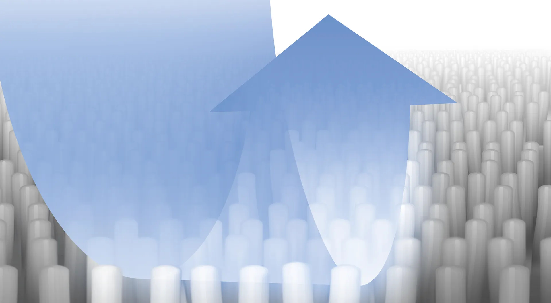 Abstrakcyjne zdjęcie niebieskiej strzałki skierowanej w górę nad polem białych linii pionowych.