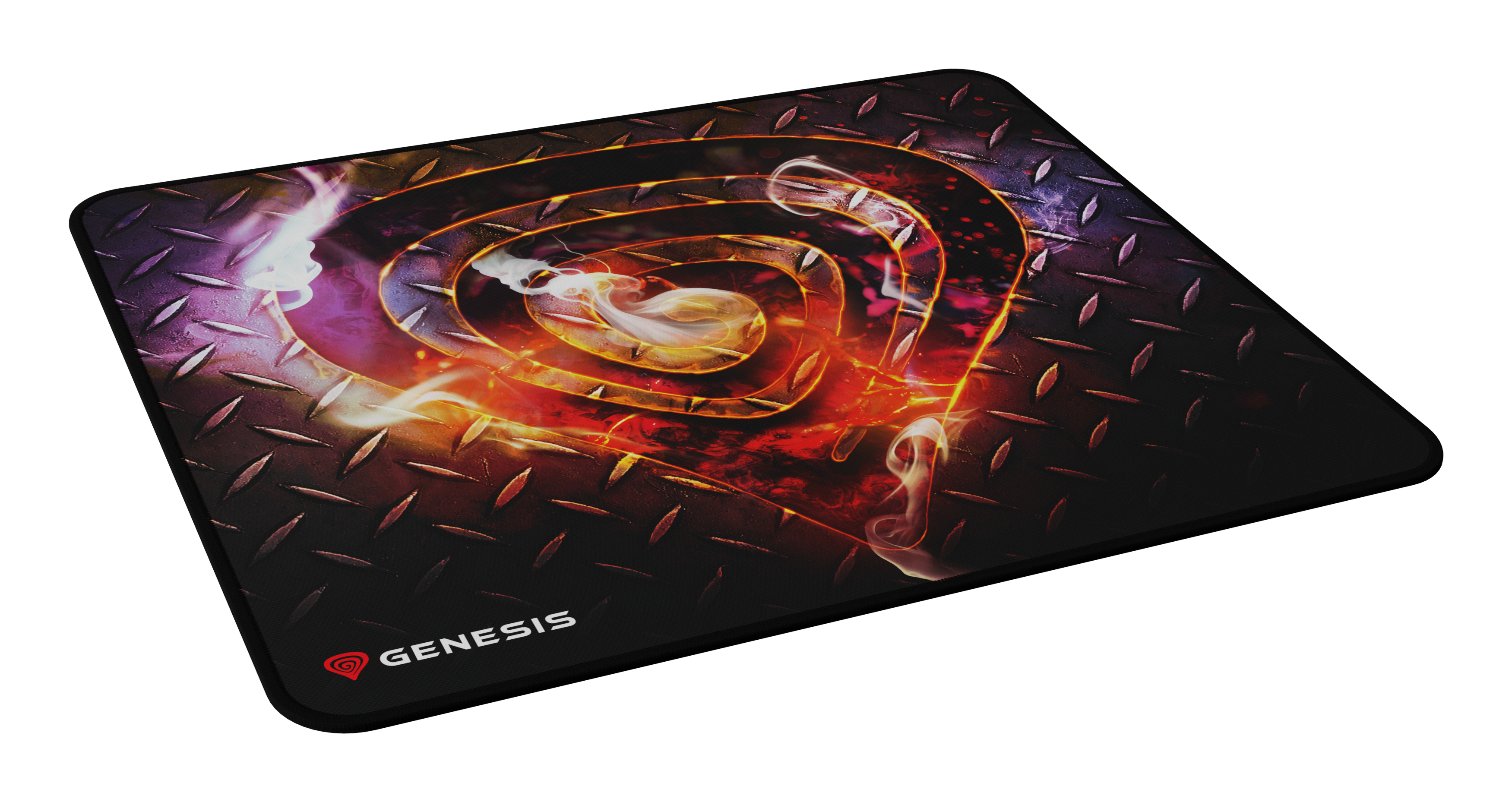 Tapis de souris de jeu noir avec le logo Genesis et un design abstrait et enflammé.