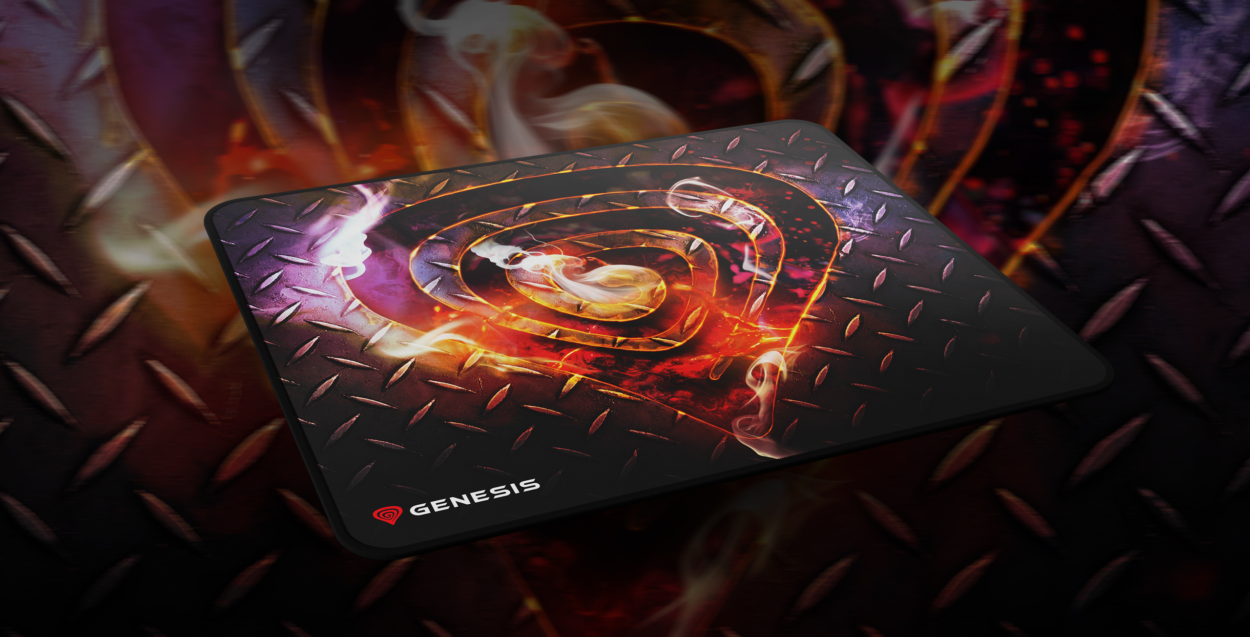 Tapis de souris de jeu avec un design abstrait et enflammé sur fond sombre texturé et logo Genesis.