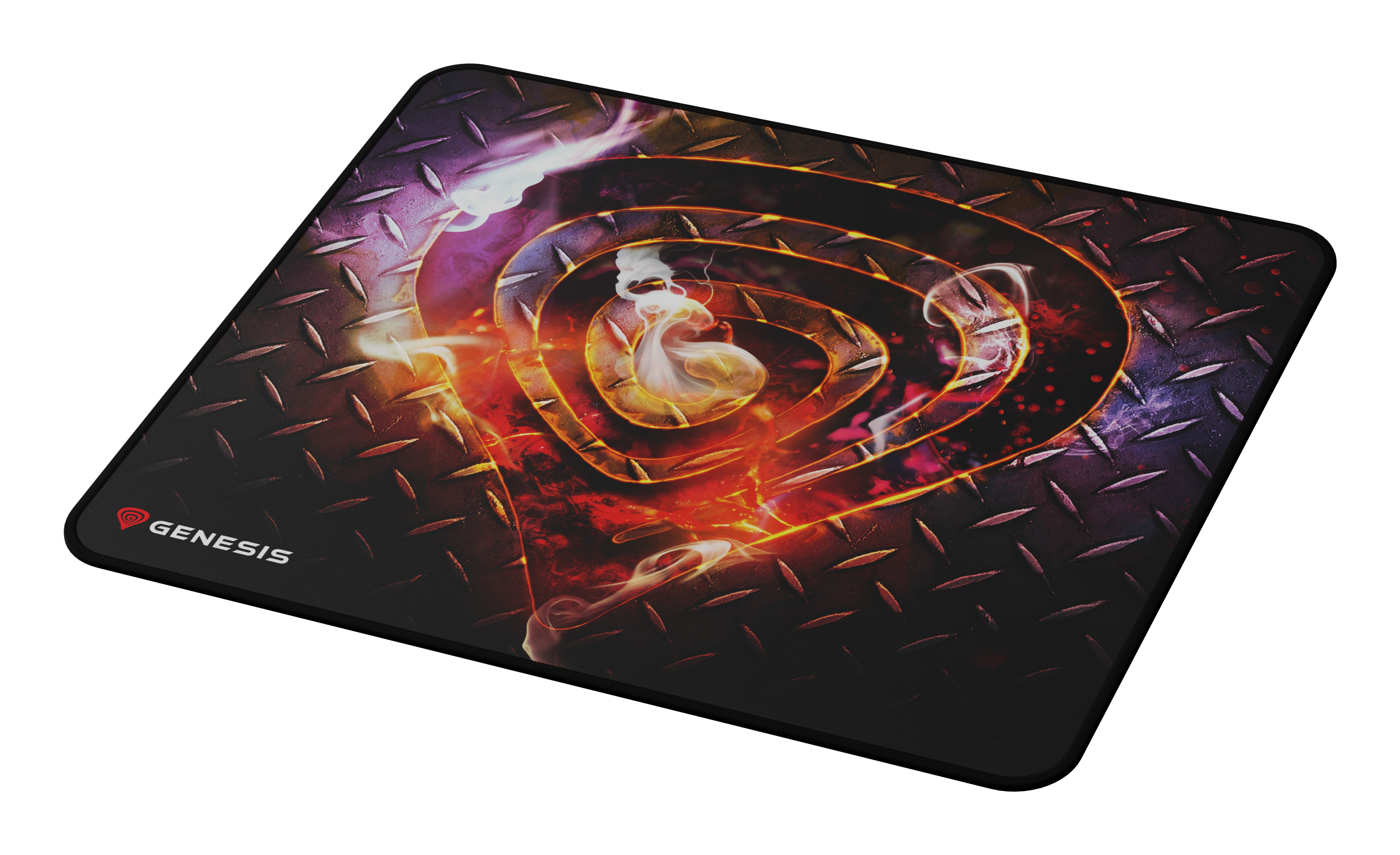 Tapis de souris de jeu avec un design abstrait et enflammé et le logo Genesis sur fond blanc.