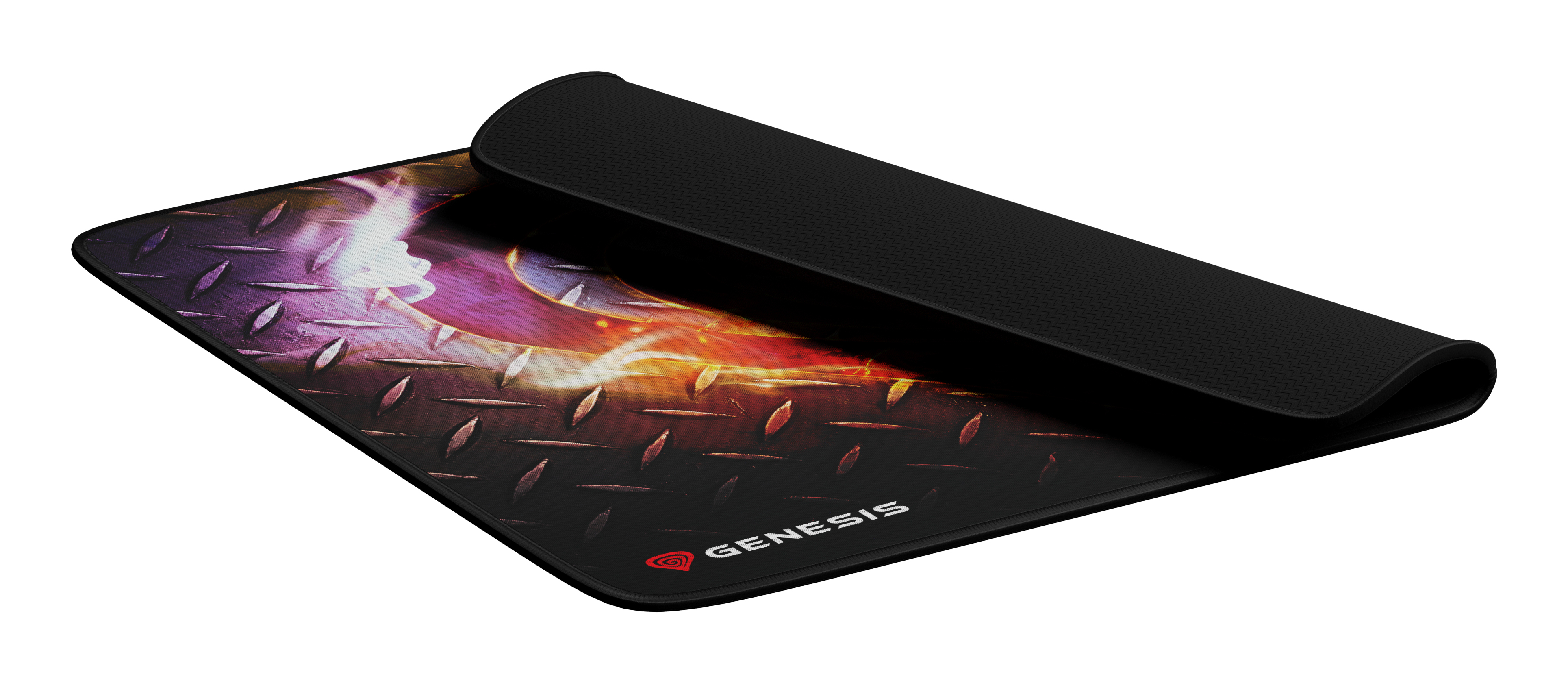 Tapis de souris avec dos noir et graphisme de flammes et diamants. Logo 'GENESIS'.