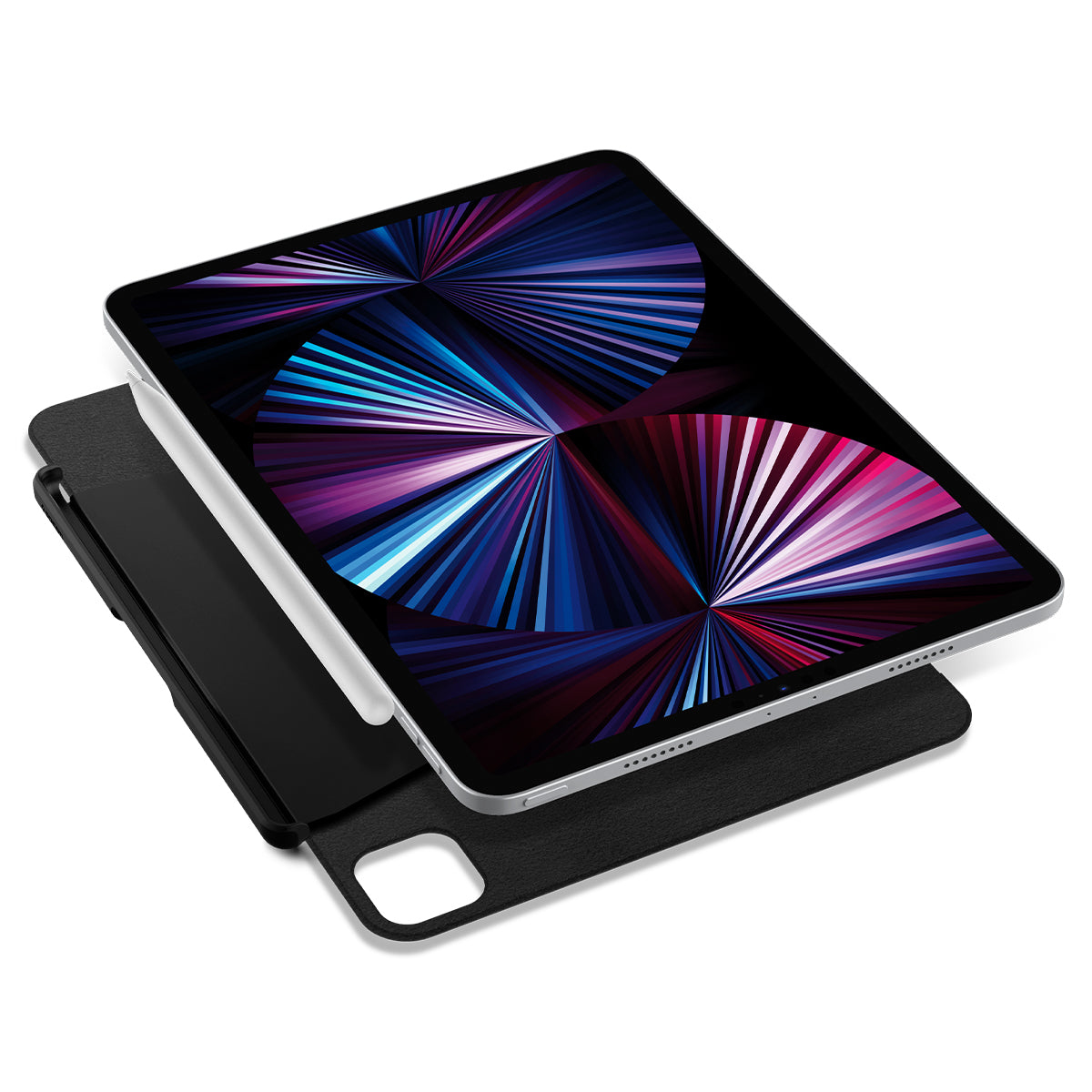 Schwarzes Tablet mit Hülle. Der Hintergrund ist weiß.