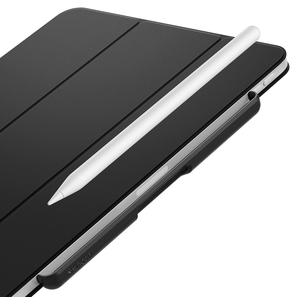 Schwarze Tablet-Hülle mit einem weißen Stift. Der Hintergrund ist weiß.
