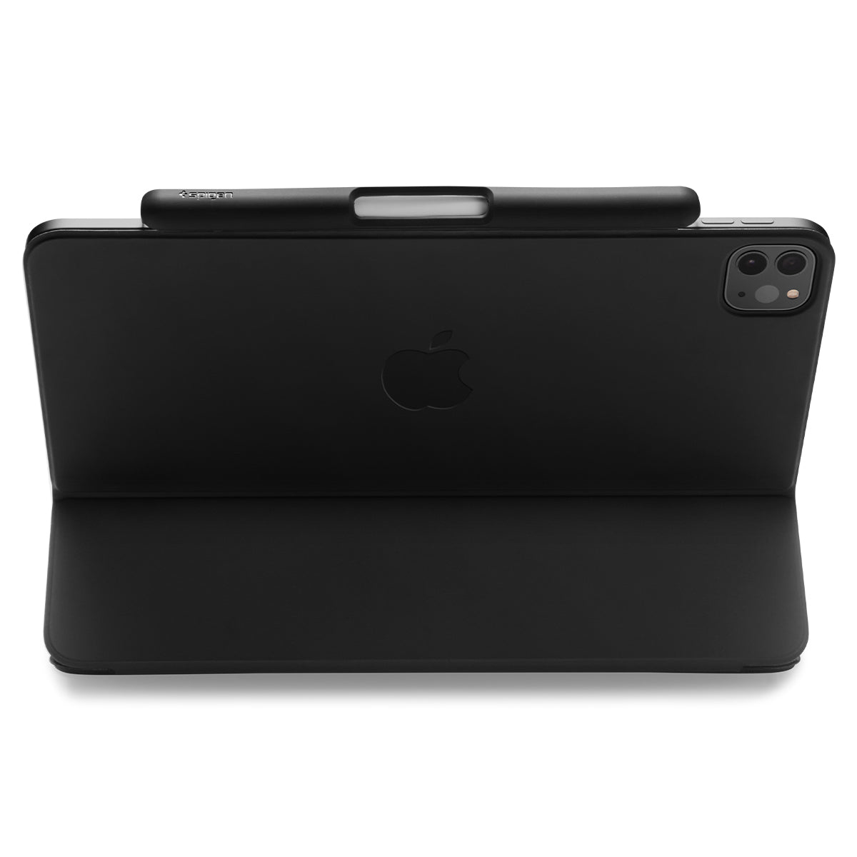 Schwarze Tablet-Hülle mit einem Apple-Logo auf der Rückseite. Der Hintergrund ist weiß.