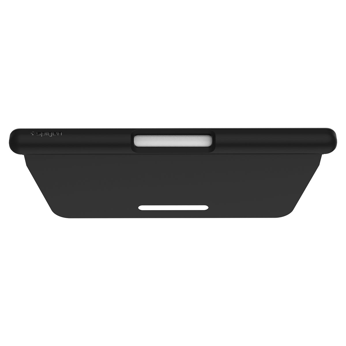 Eine schwarze Handyhülle mit weißem Ausschnitt und kleinem Spigen-Logo.