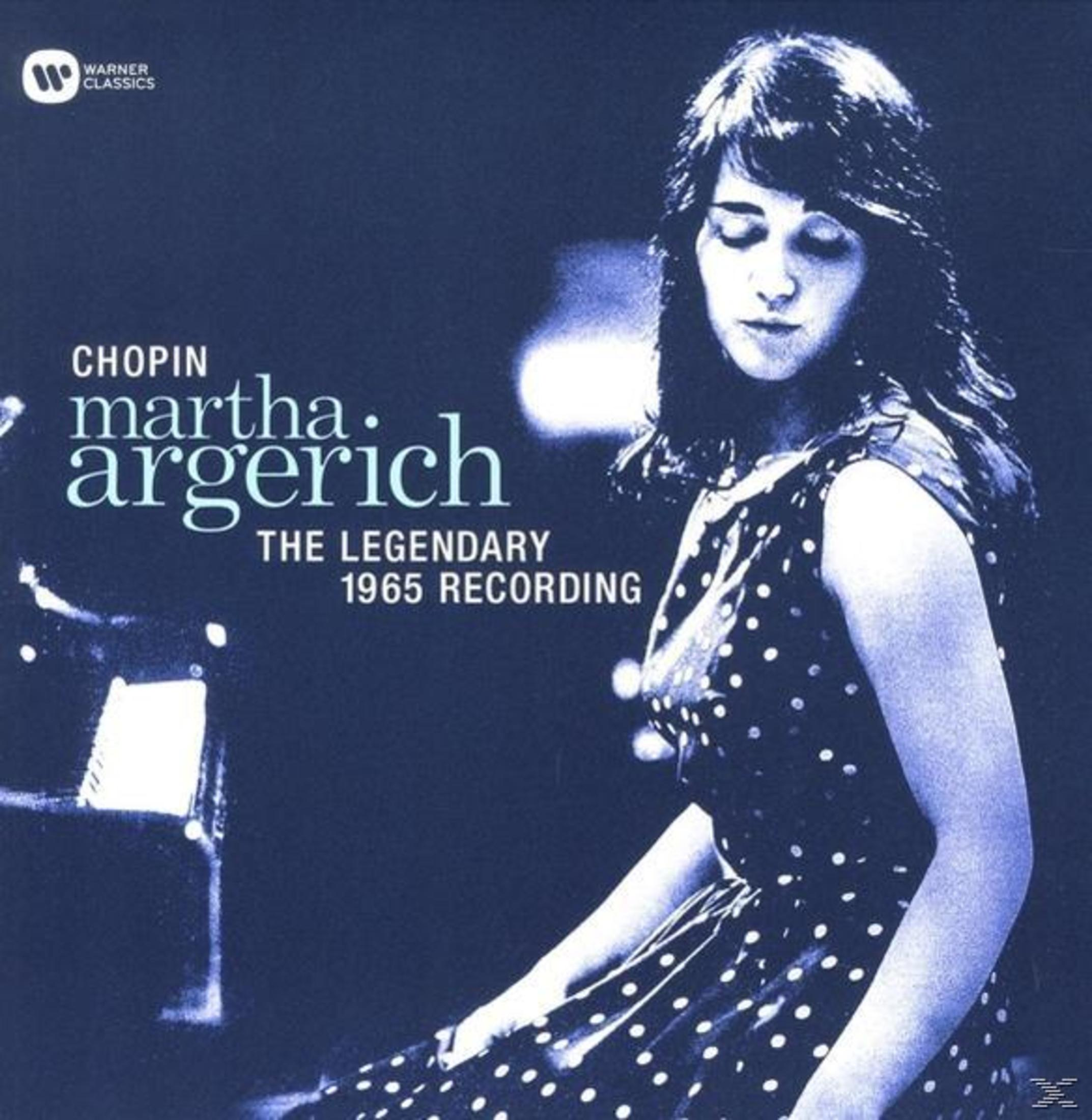 Pochette d'album avec Martha Argerich, une femme en robe à pois, et texte sur Chopin.