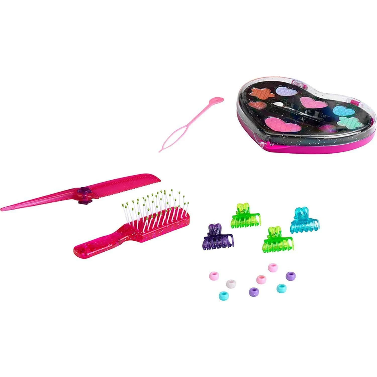 Akcesoria do makijażu: pędzel, grzebień, spinki do włosów i paleta do makijażu w kształcie serca.