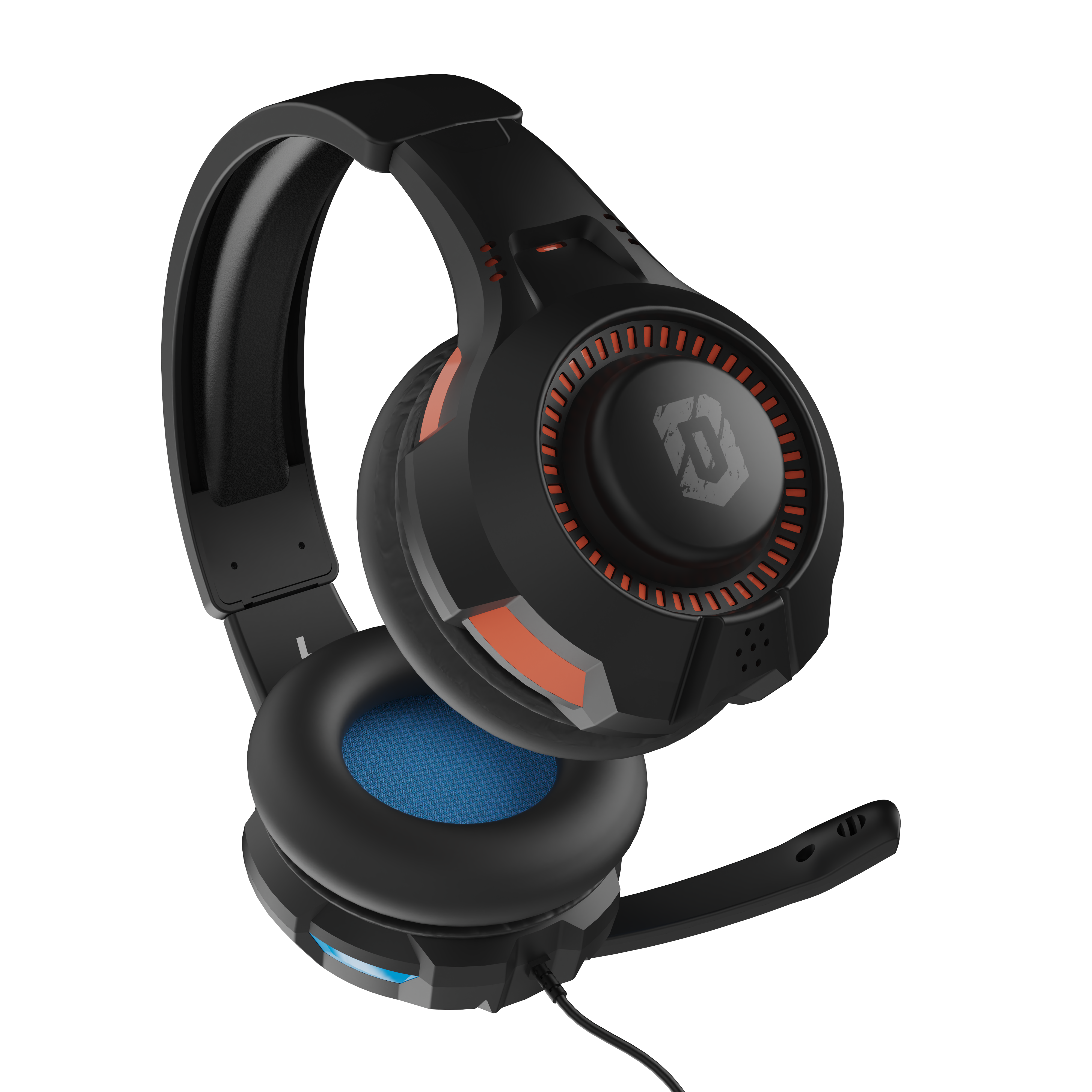 Zwarte gamingheadset met rode accenten en een blauw interieur, met een microfoon.
